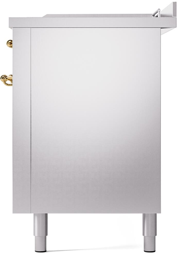 Stainless steel range side panel with brass handle accents and leveling feet