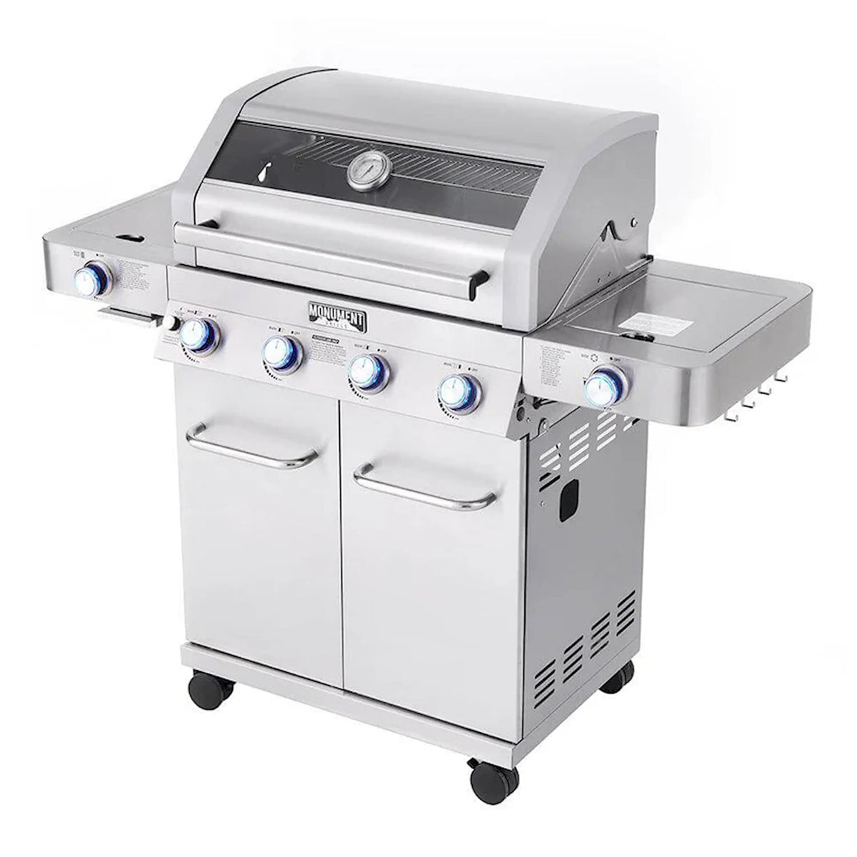 Stainless steel infrared propane gas grill with four burner control panel and side shelf