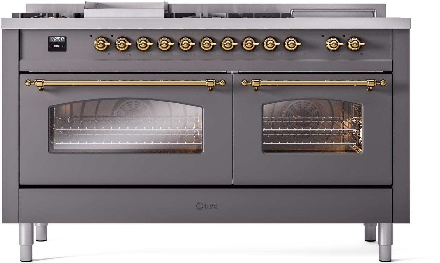 Matte graphite dual fuel range with French top, two glass oven doors, brass trim
