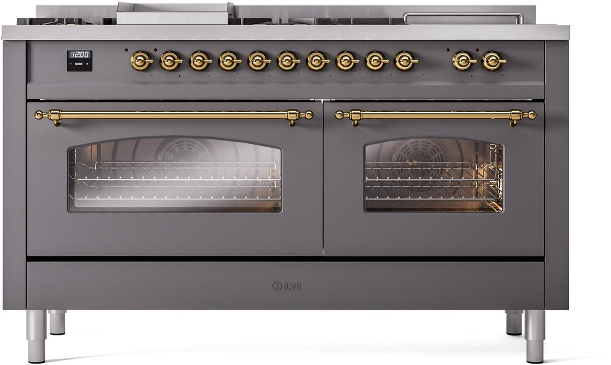 Matte graphite dual fuel range with brass control knobs and two oven windows, front view