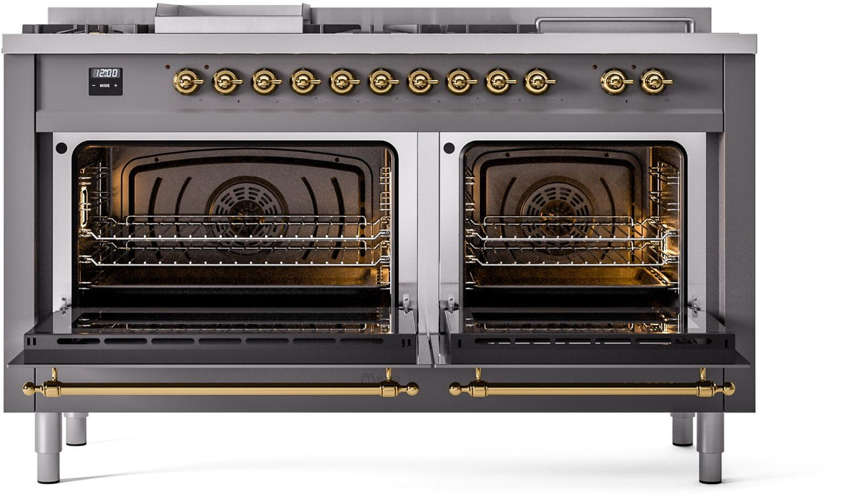 Matte graphite range with brass knobs and two open ovens showing racks