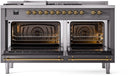 ILVE Nostalgie II 60-Inch Natural Gas Dual Fuel Range with 7 Burners, Griddle, & French Top with Triple Glass Door Oven in Matte Graphite with Brass Trim (UP60FSNMPMGG)