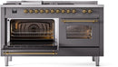 ILVE Nostalgie II 60-Inch Propane Gas Dual Fuel Range with 7 Burners, Griddle, & French Top with Triple Glass Door Oven in Matte Graphite with Brass Trim (UP60FSNMPMGGLP)