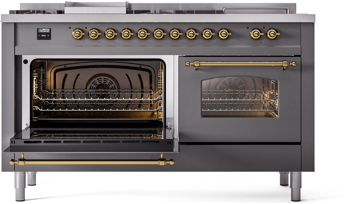 Matte graphite dual fuel range with one oven door open and burner knobs on control panel