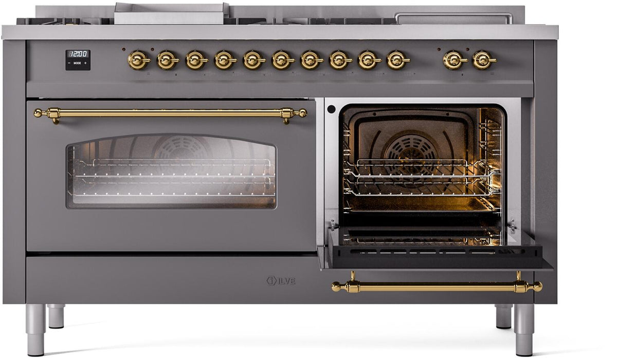 Matte graphite dual fuel range with one oven door open; interior fan and racks visible