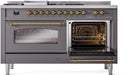 ILVE Nostalgie II 60-Inch Natural Gas Dual Fuel Range with 7 Burners, Griddle, & French Top with Triple Glass Door Oven in Matte Graphite with Brass Trim (UP60FSNMPMGG)
