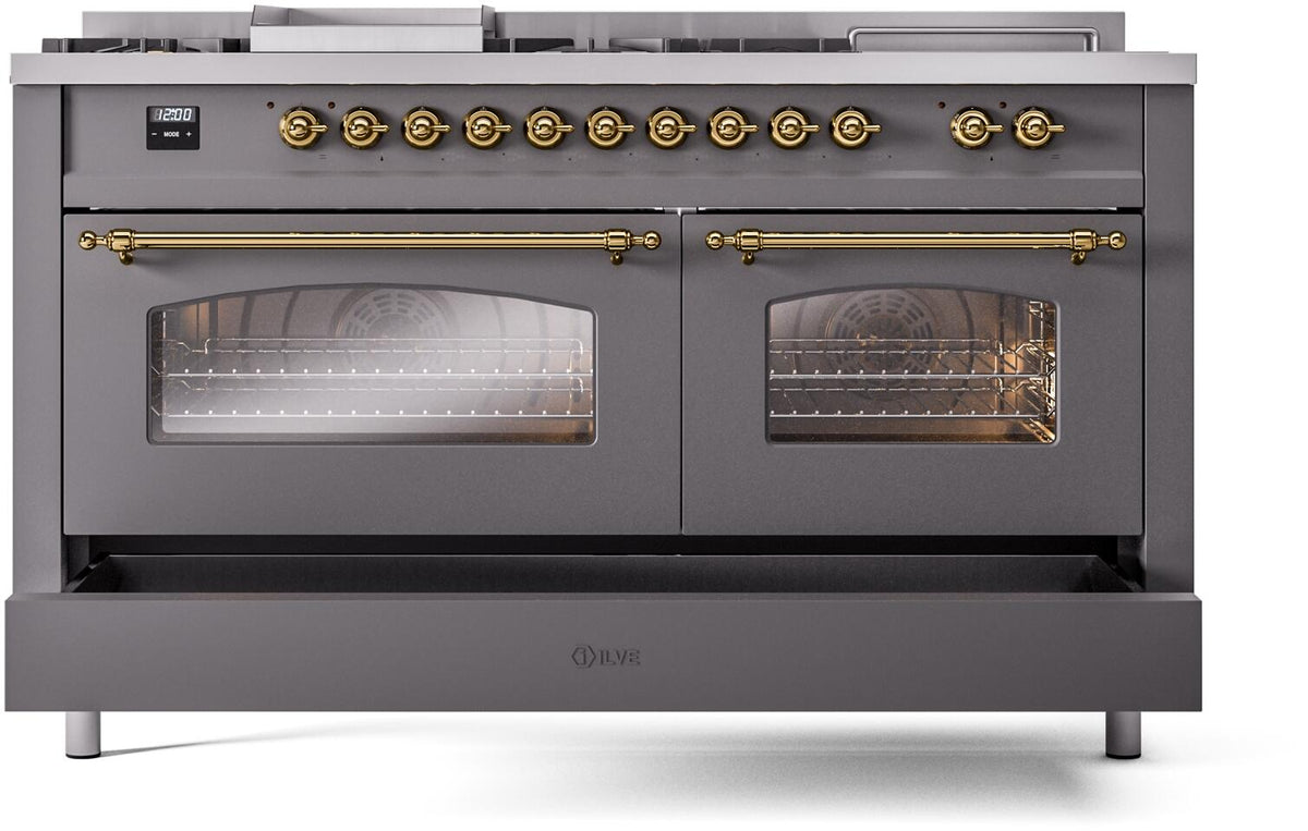 Matte graphite range front with two glass oven doors and brass handle bars
