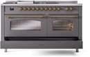 ILVE Nostalgie II 60-Inch Propane Gas Dual Fuel Range with 7 Burners, Griddle, & French Top with Triple Glass Door Oven in Matte Graphite with Brass Trim (UP60FSNMPMGGLP)