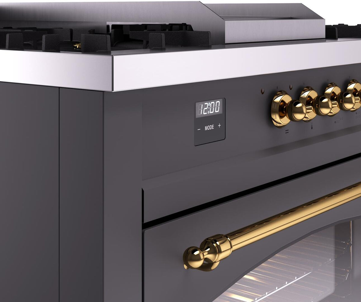 Matte graphite oven control panel with brass rotary knobs and digital display