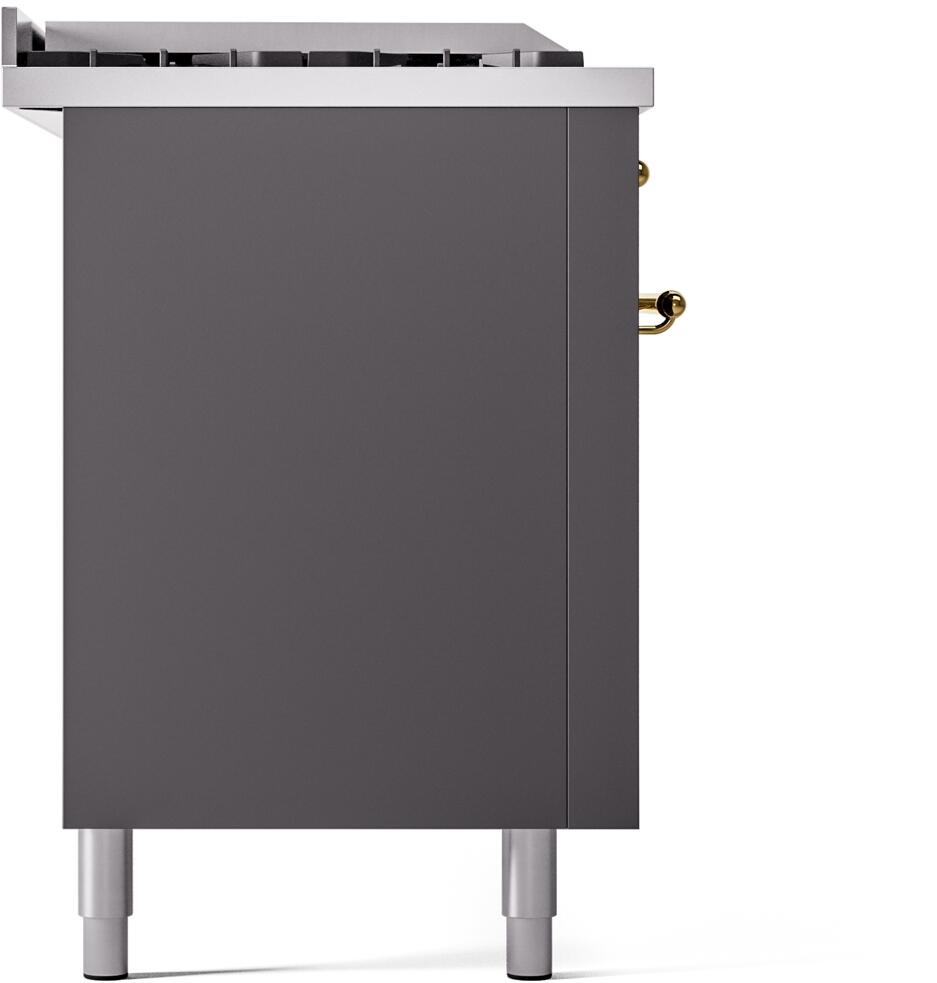 Matte graphite range side panel with adjustable feet and visible brass side handle