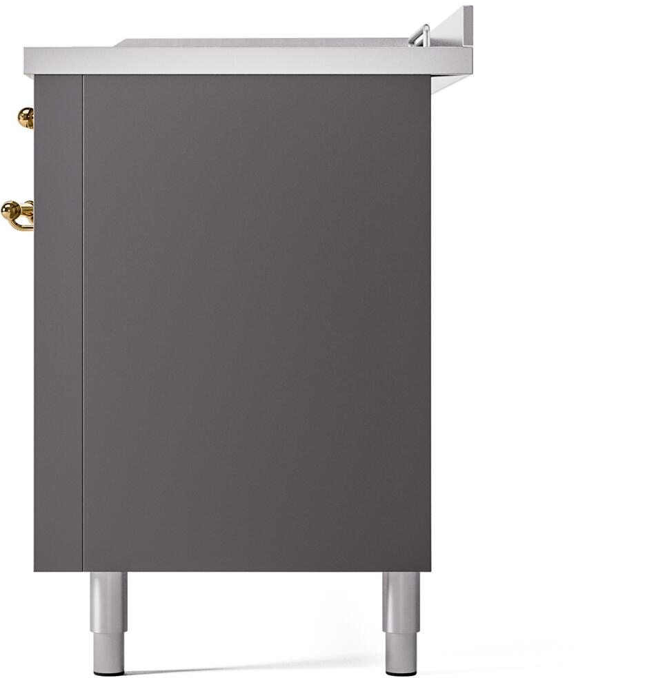 Matte graphite range side panel with brass handle ends and four leveling feet