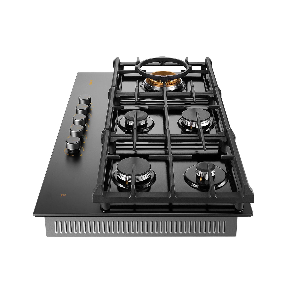 Black glass gas cooktop with five burners and metal control knobs on the left side