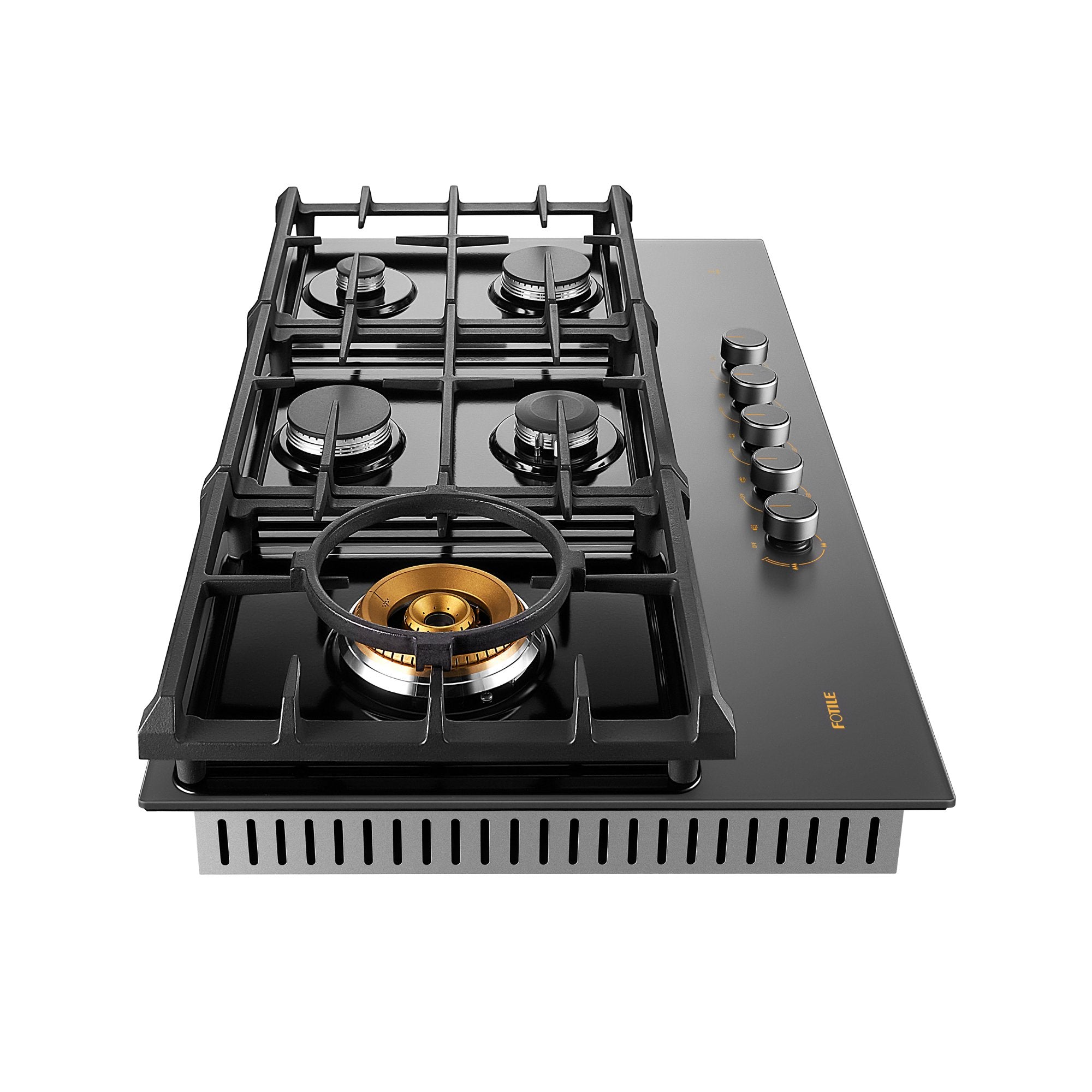 Black glass gas cooktop with front centerpiece burner and side control knob cluster