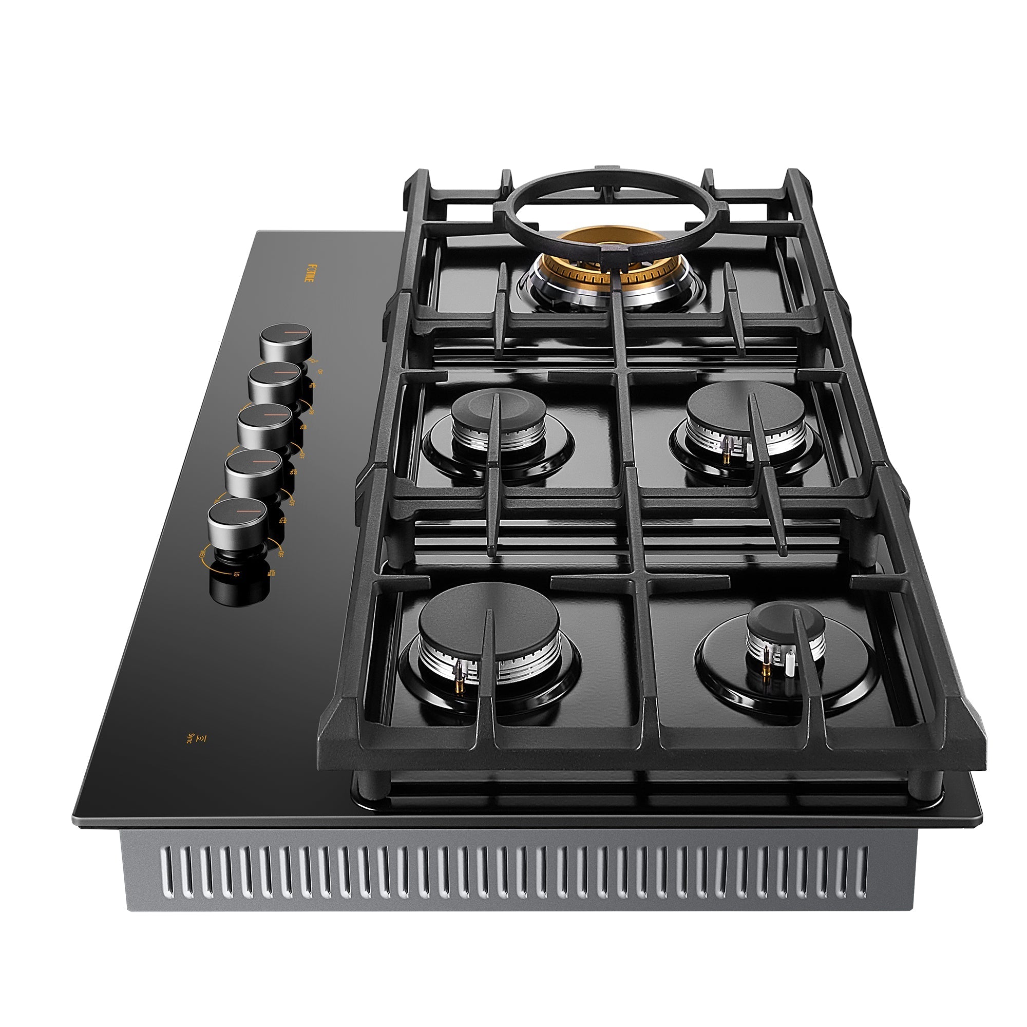 Black glass gas cooktop with five burners, black grates, and metal knobs on the left