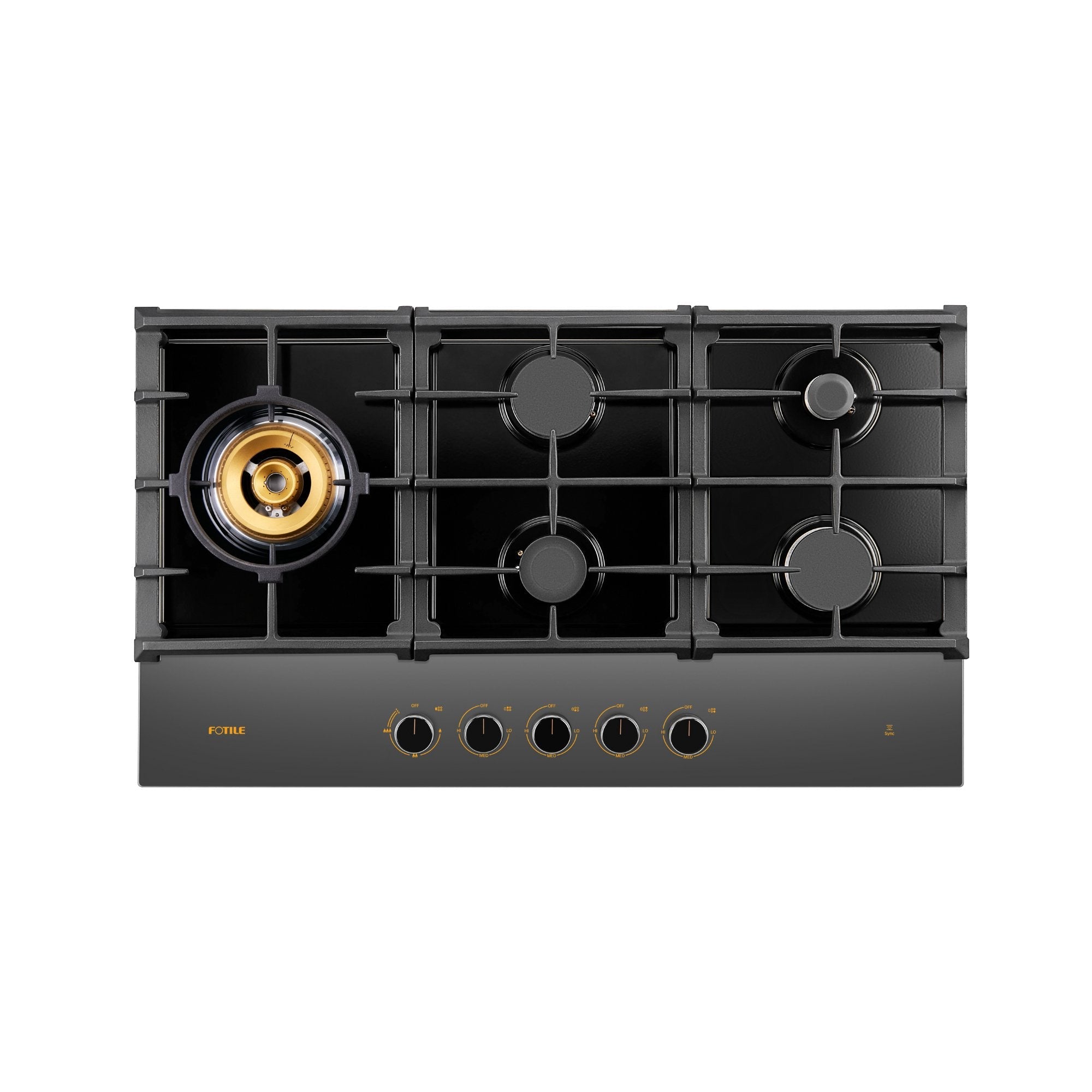 Black glass gas cooktop with five burners, black grates, and front control knobs