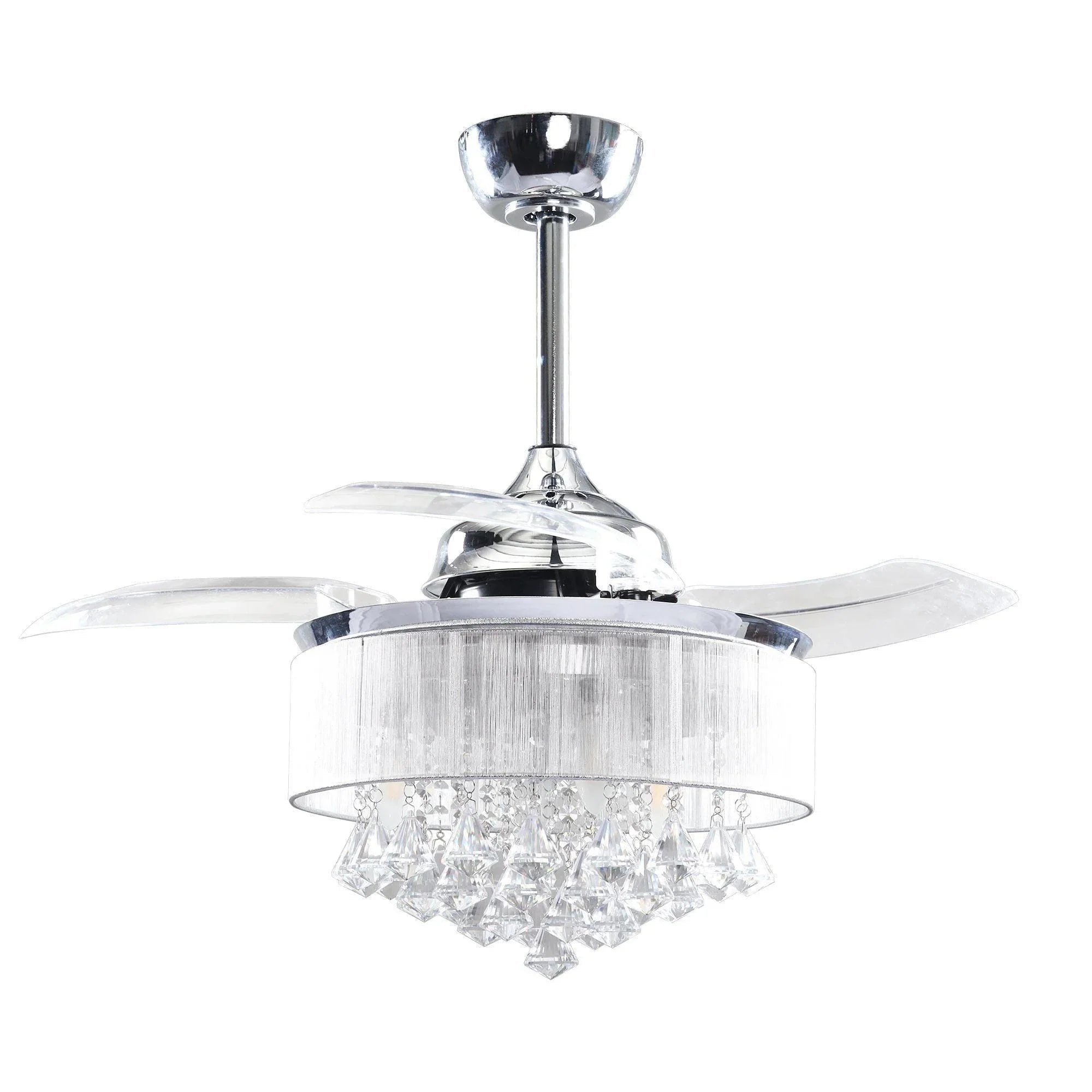 Chrome ceiling fan light with clear crystal drops and three glass-like blades