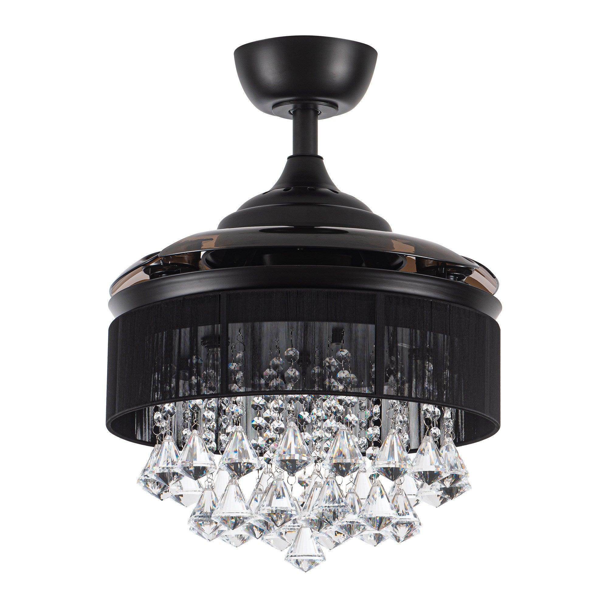 Black crystal ceiling fan light with dark blades and a clear hanging prism shade