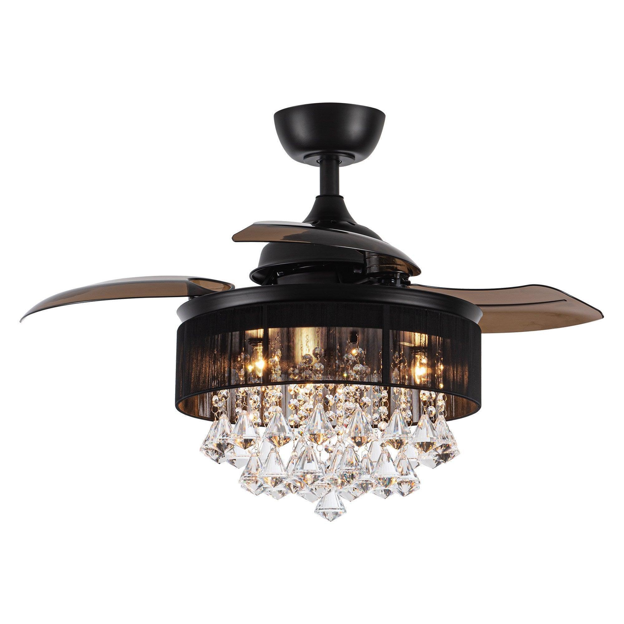 Black crystal ceiling fan light with wood-toned blades and clear crystal chandelier drops