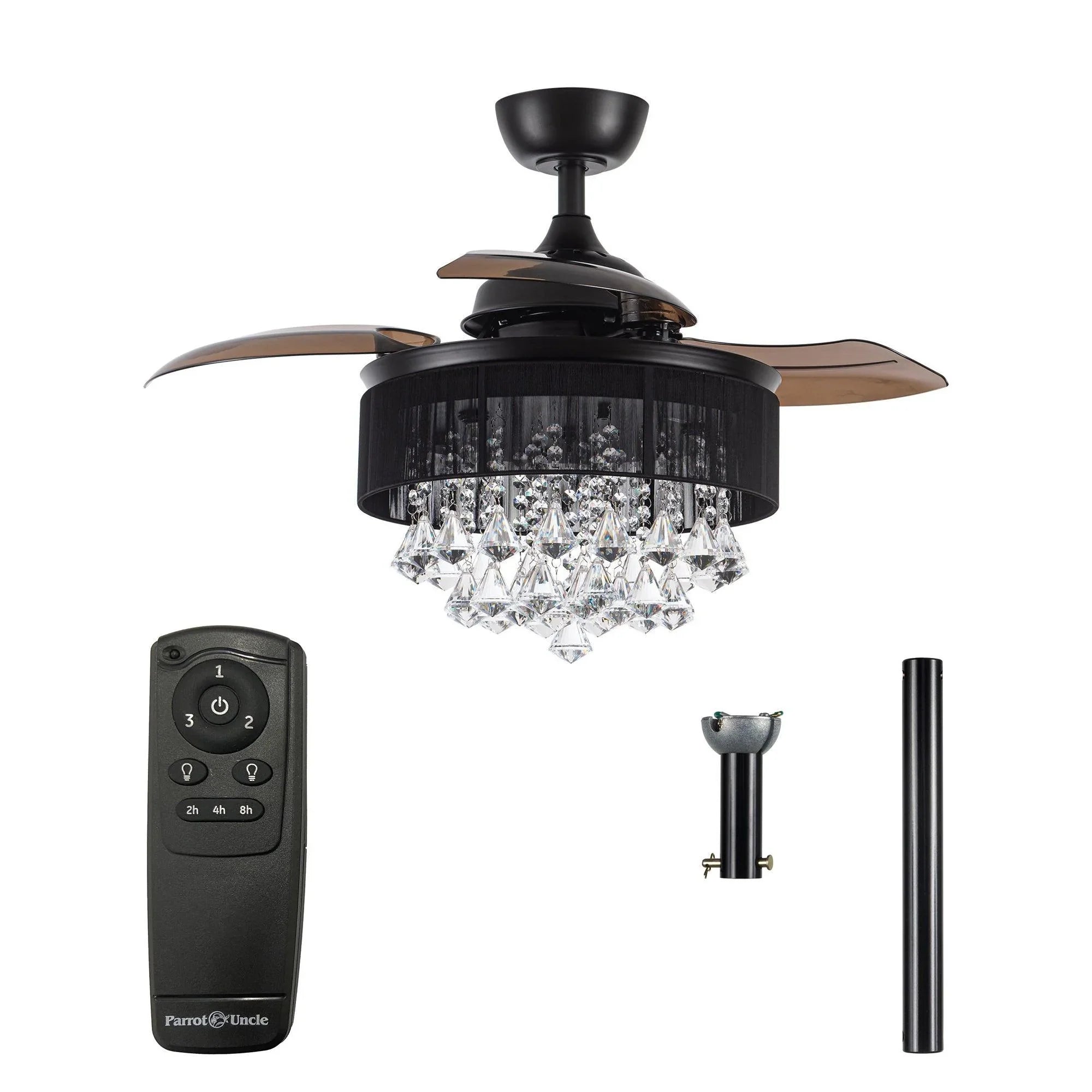 Black ceiling fan light with crystal shade, remote control, and downrod components