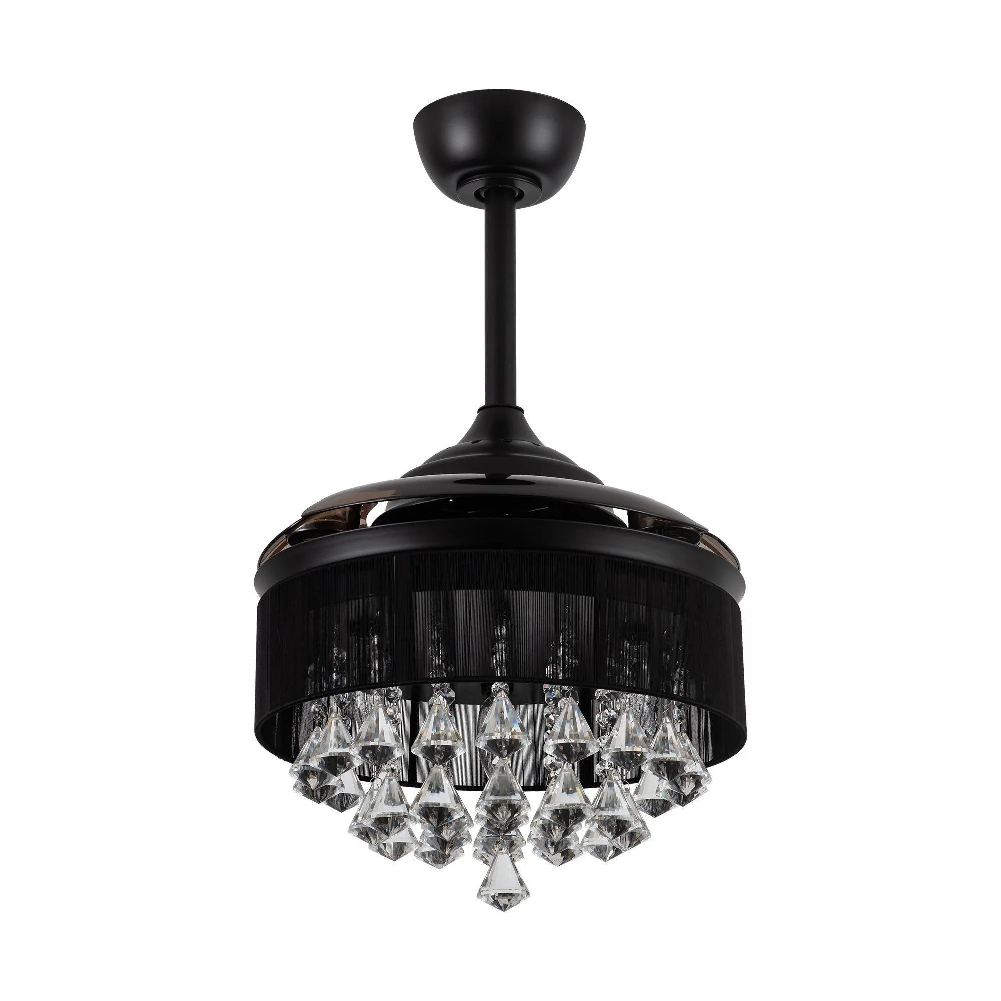Black ceiling fan light with crystal chandelier shade and three clear blades