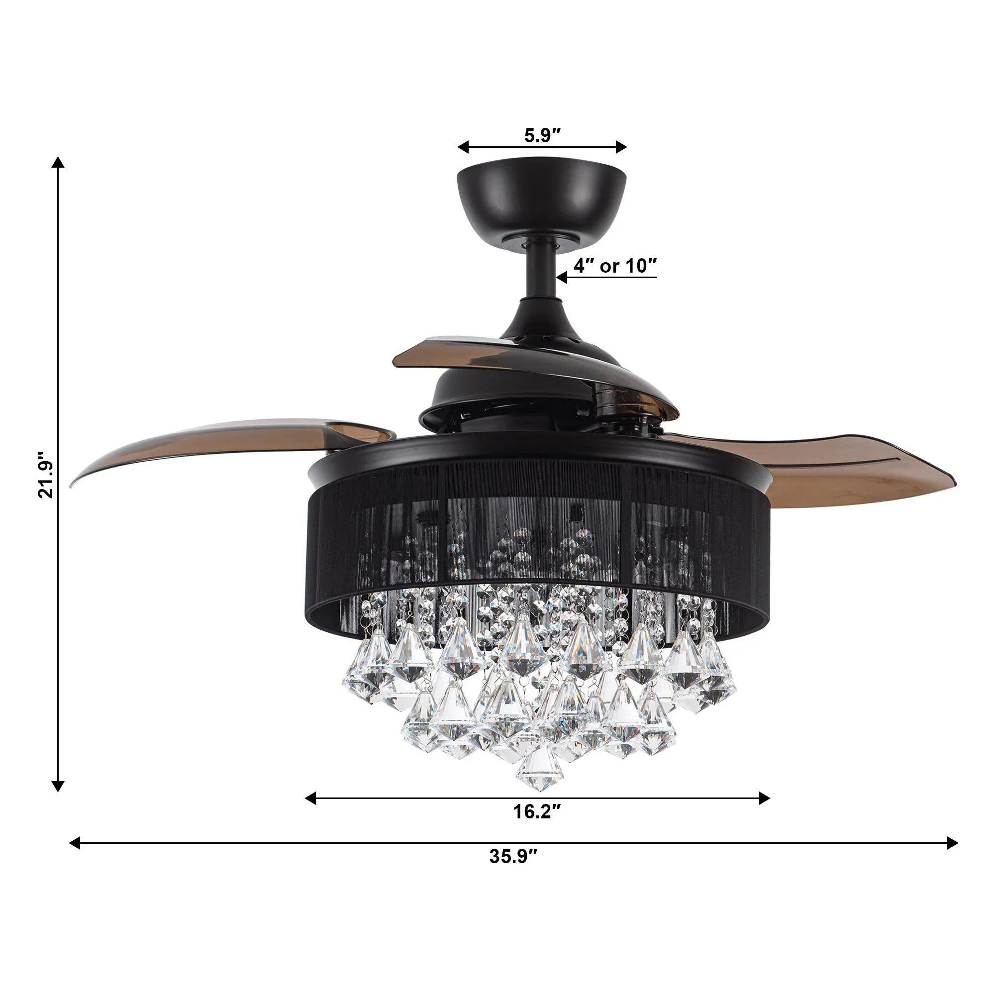 Modern ceiling fan with dark housing, wood-tone blades, and crystal light
