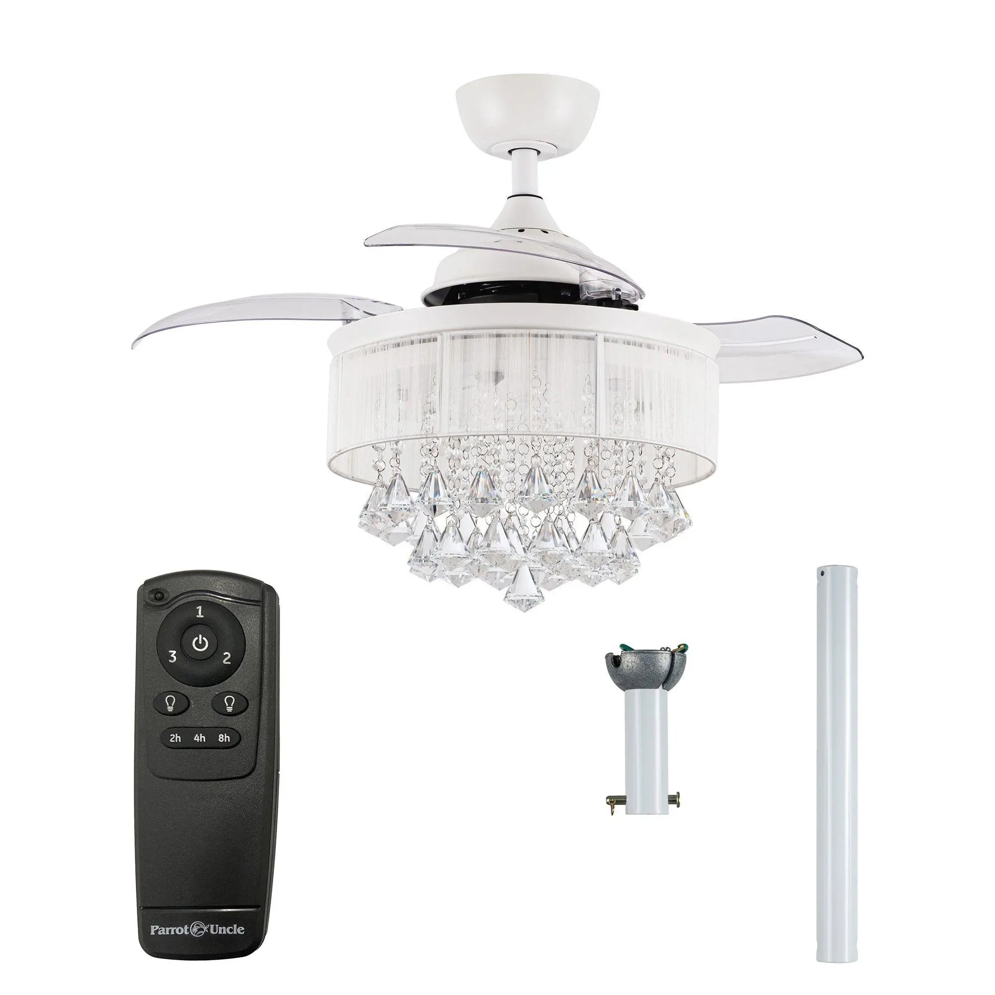 White ceiling fan light with crystal shade, remote control, and downrod components