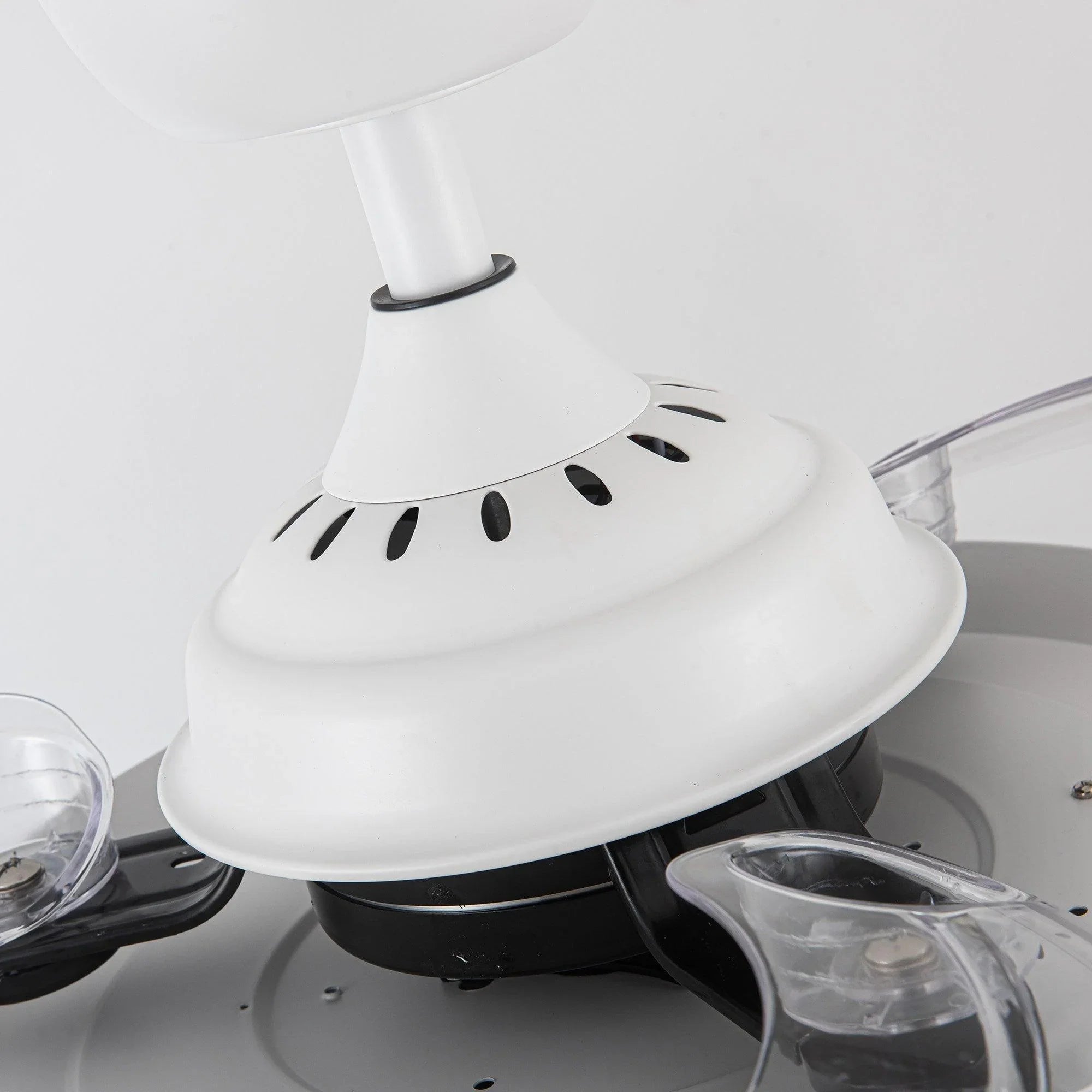 White ceiling fan motor housing and blade base with mounting plate