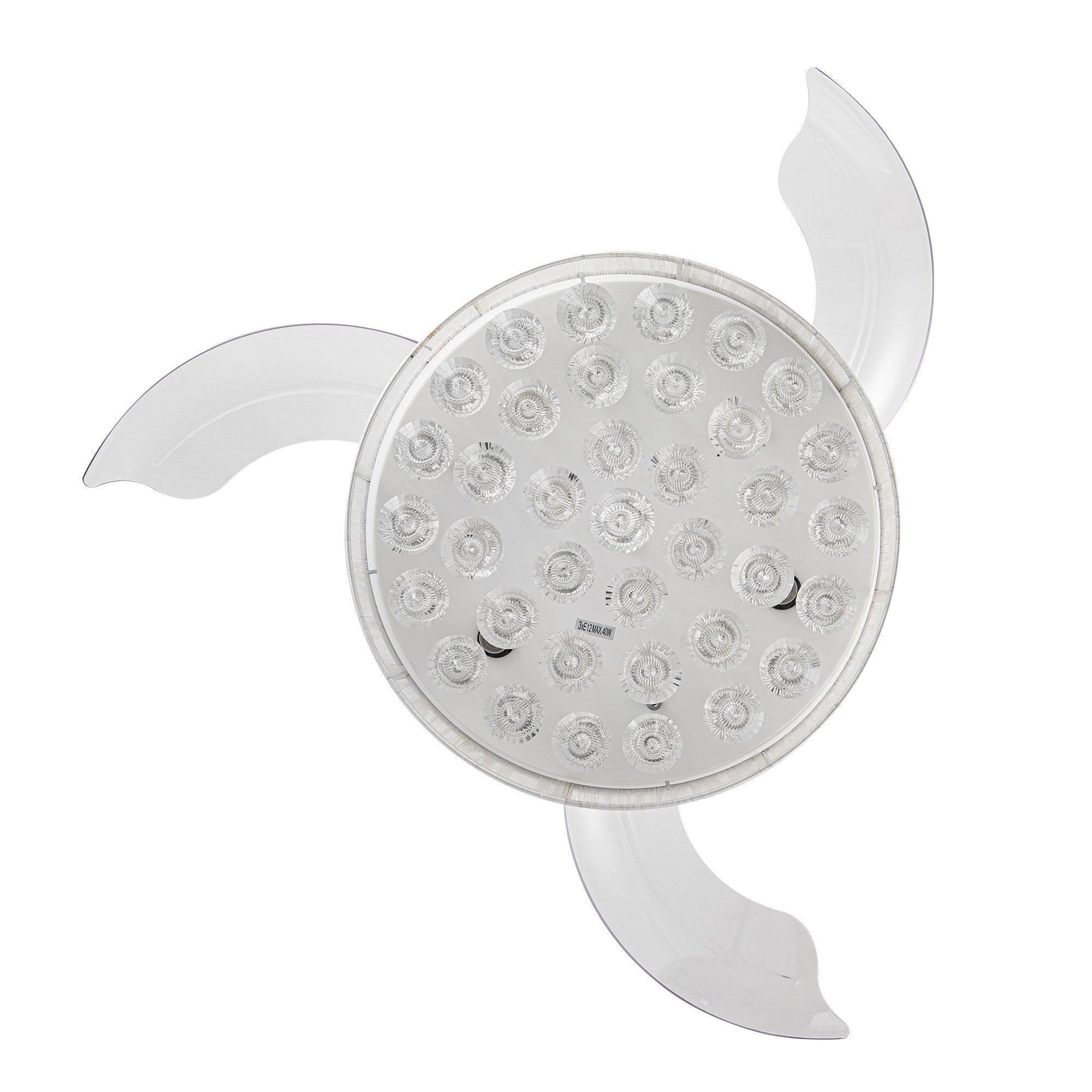Crystal ceiling fan light with clear glass disc and three curved blades