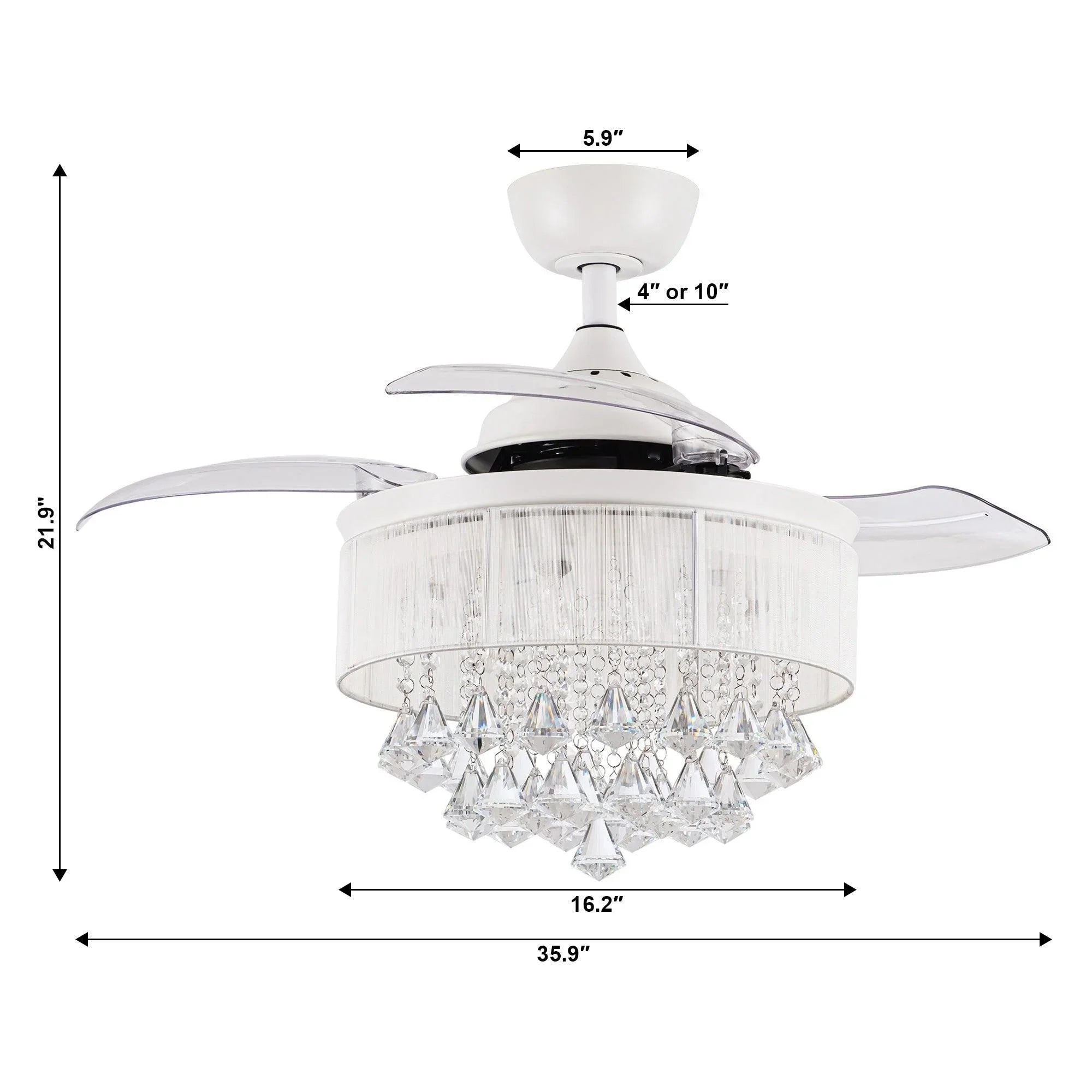 White ceiling fan with crystal light ring and long 4-blade design