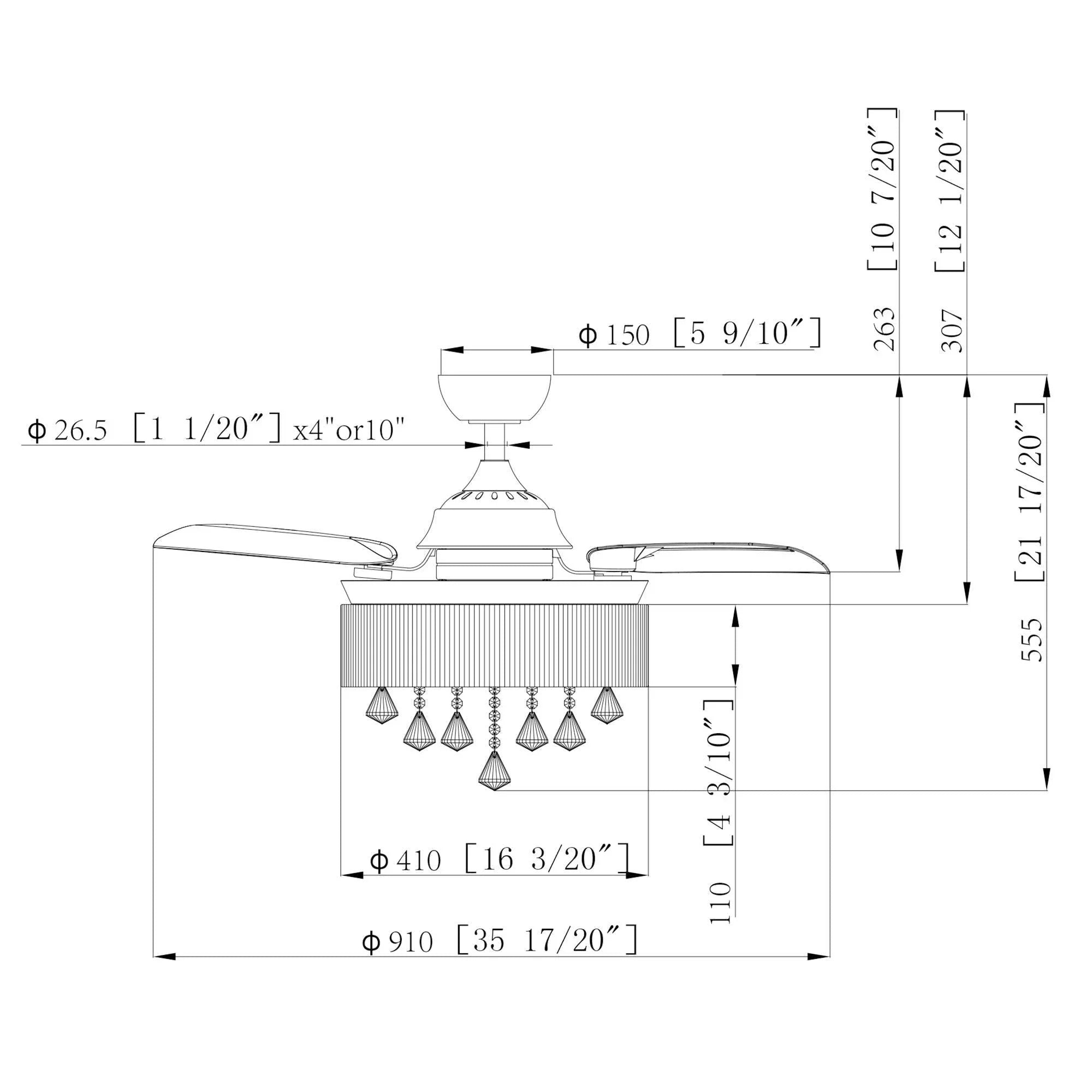 Ceiling fan dimension diagram for crystal light fixture and blades