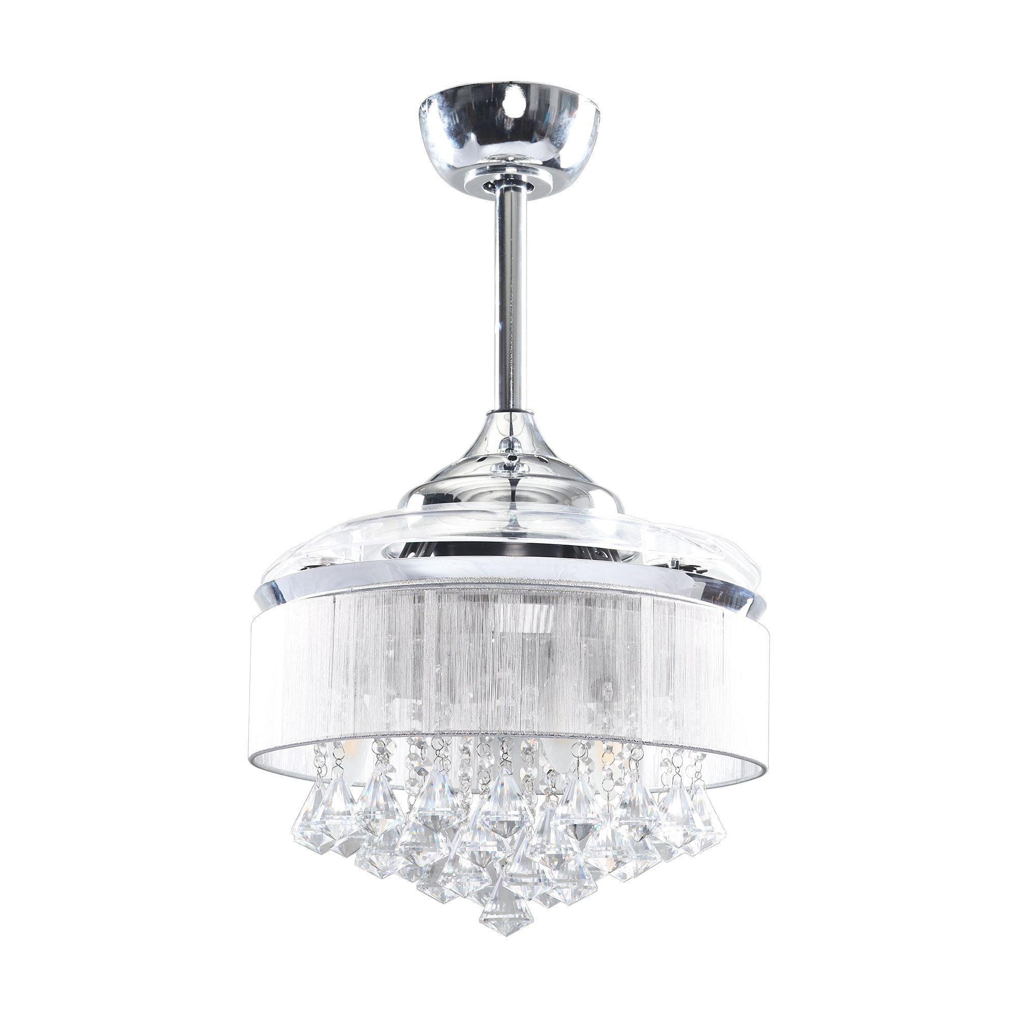 Crystal ceiling fan light fixture with clear prisms and a chrome canopy, front view