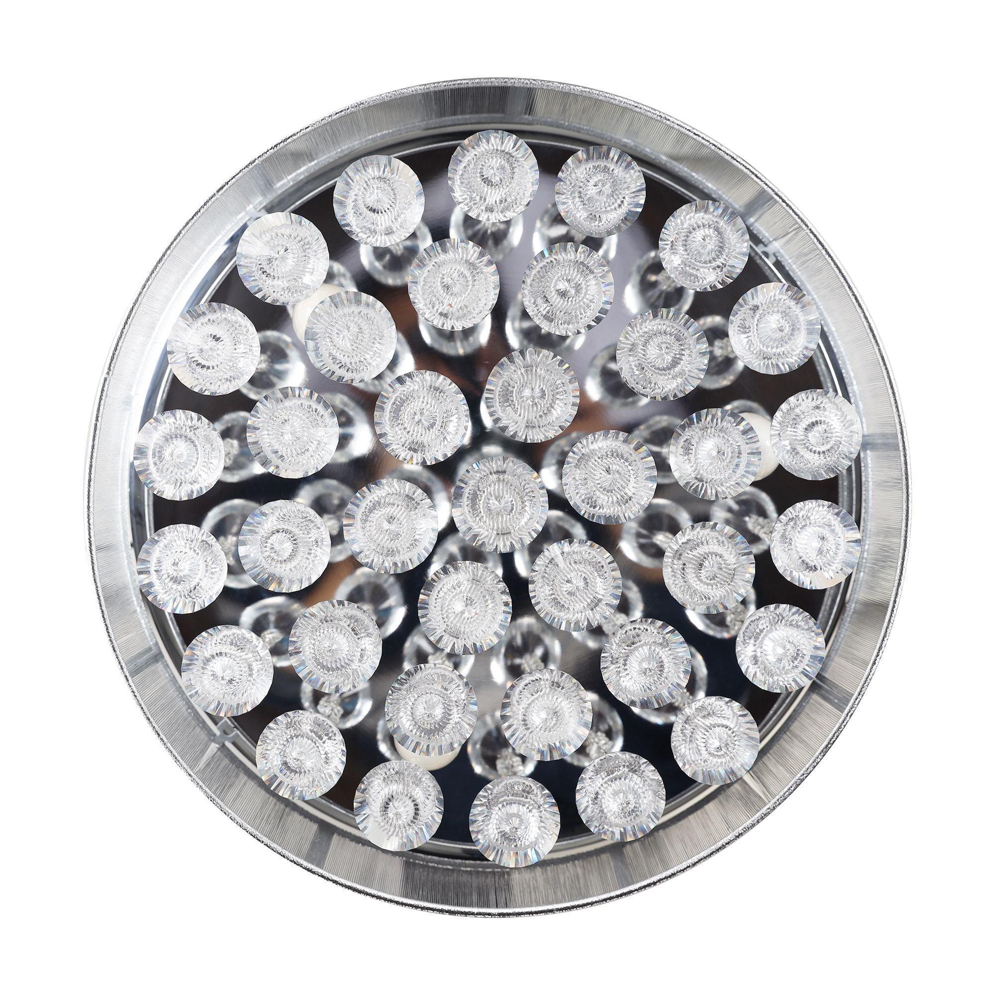 Round crystal ceiling fan light lens with many small clear bulb-like pieces, chrome rim