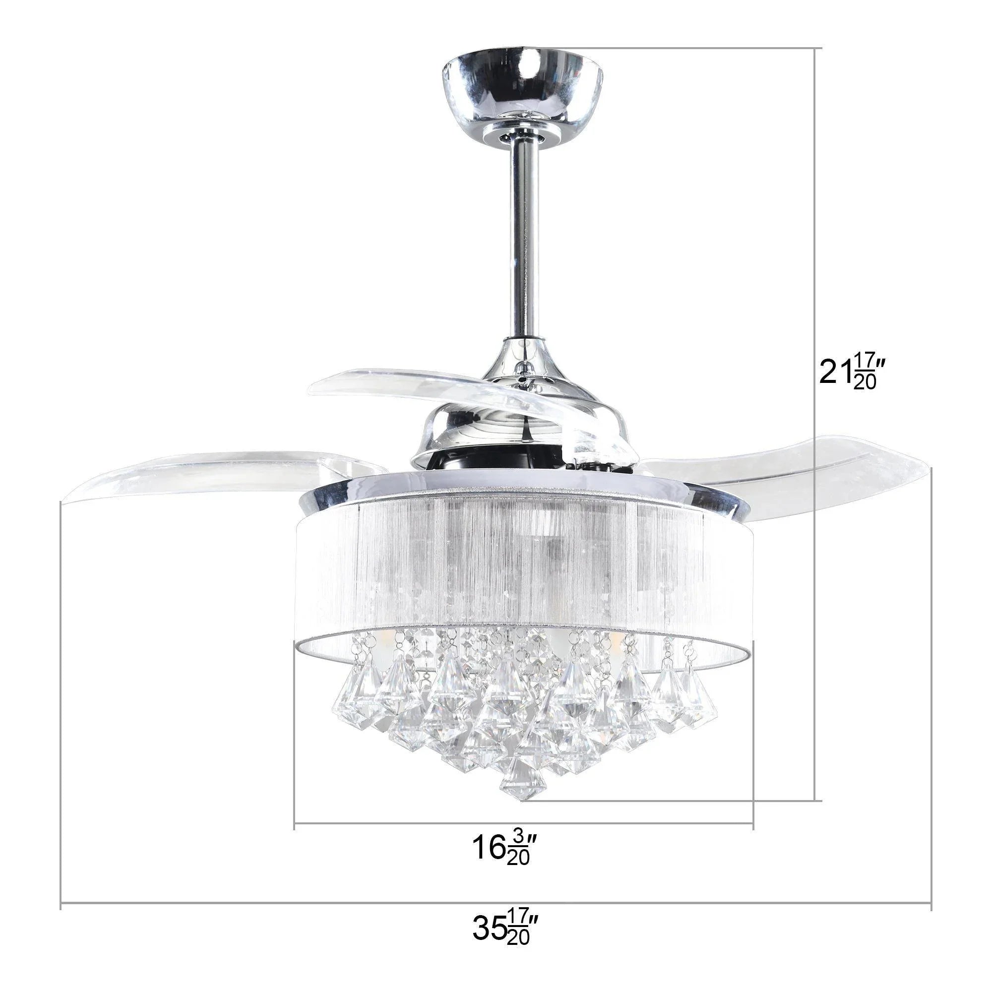 Chrome ceiling fan with clear crystal light, transparent shade, and 4 blades