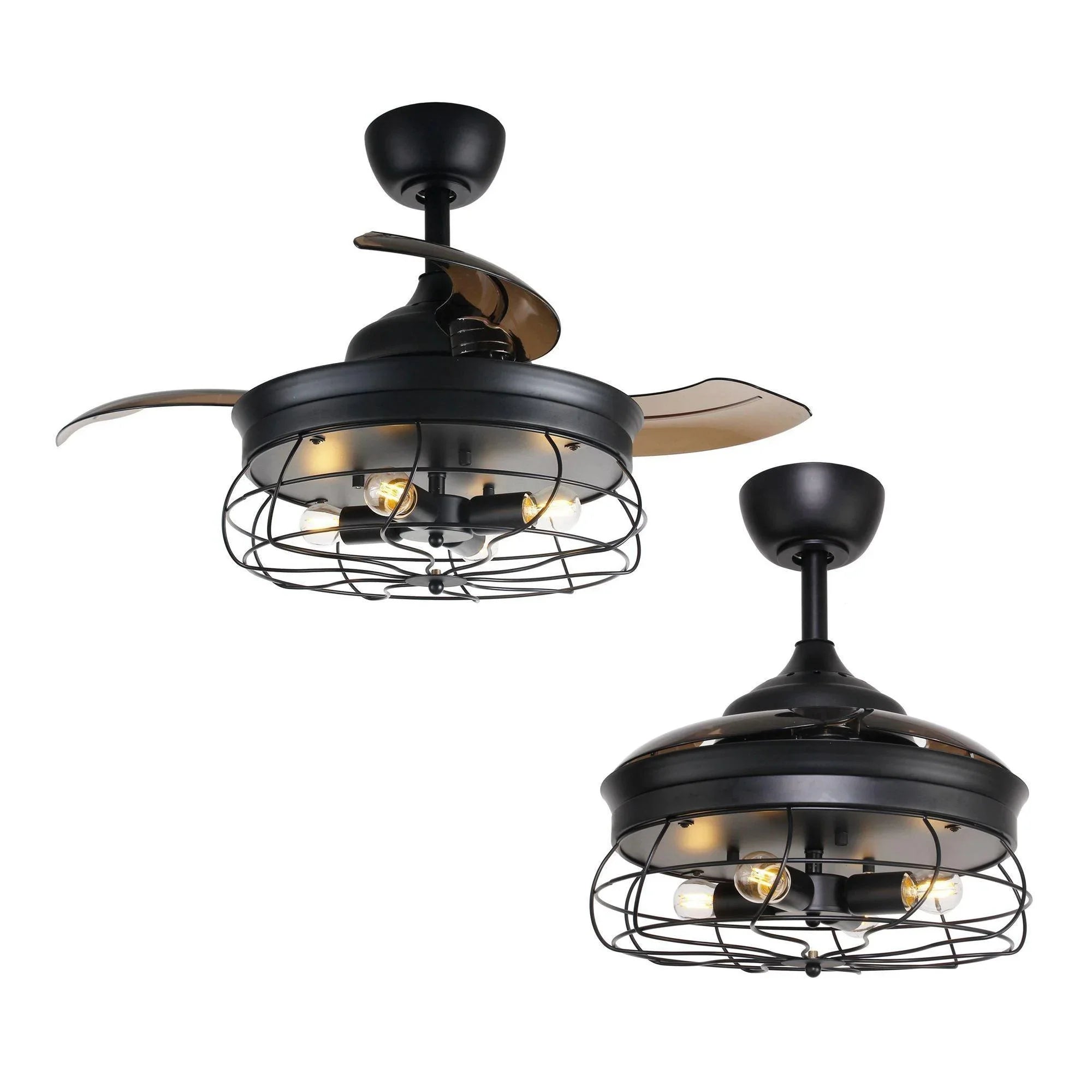 Black ceiling fan with cage light and retractable blades, showing front and side views