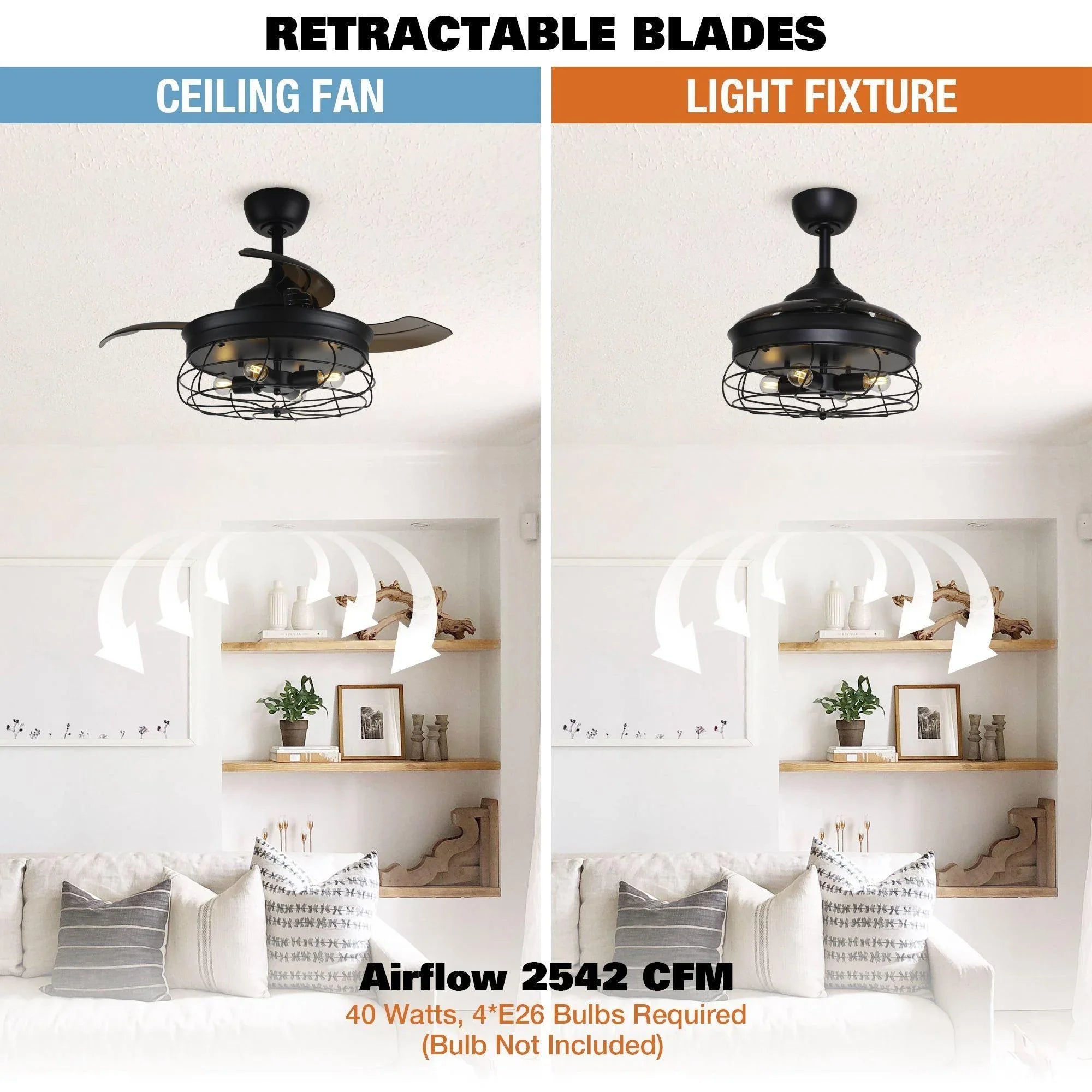 Black ceiling fan with cage light fixture and retractable blades, airflow illustration