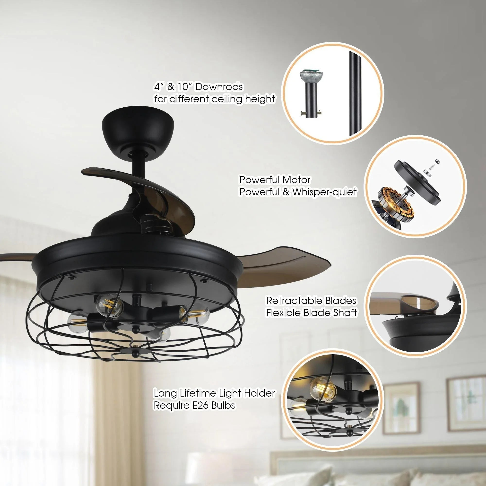 Black ceiling fan with cage light fixture and retractable blades, feature callouts