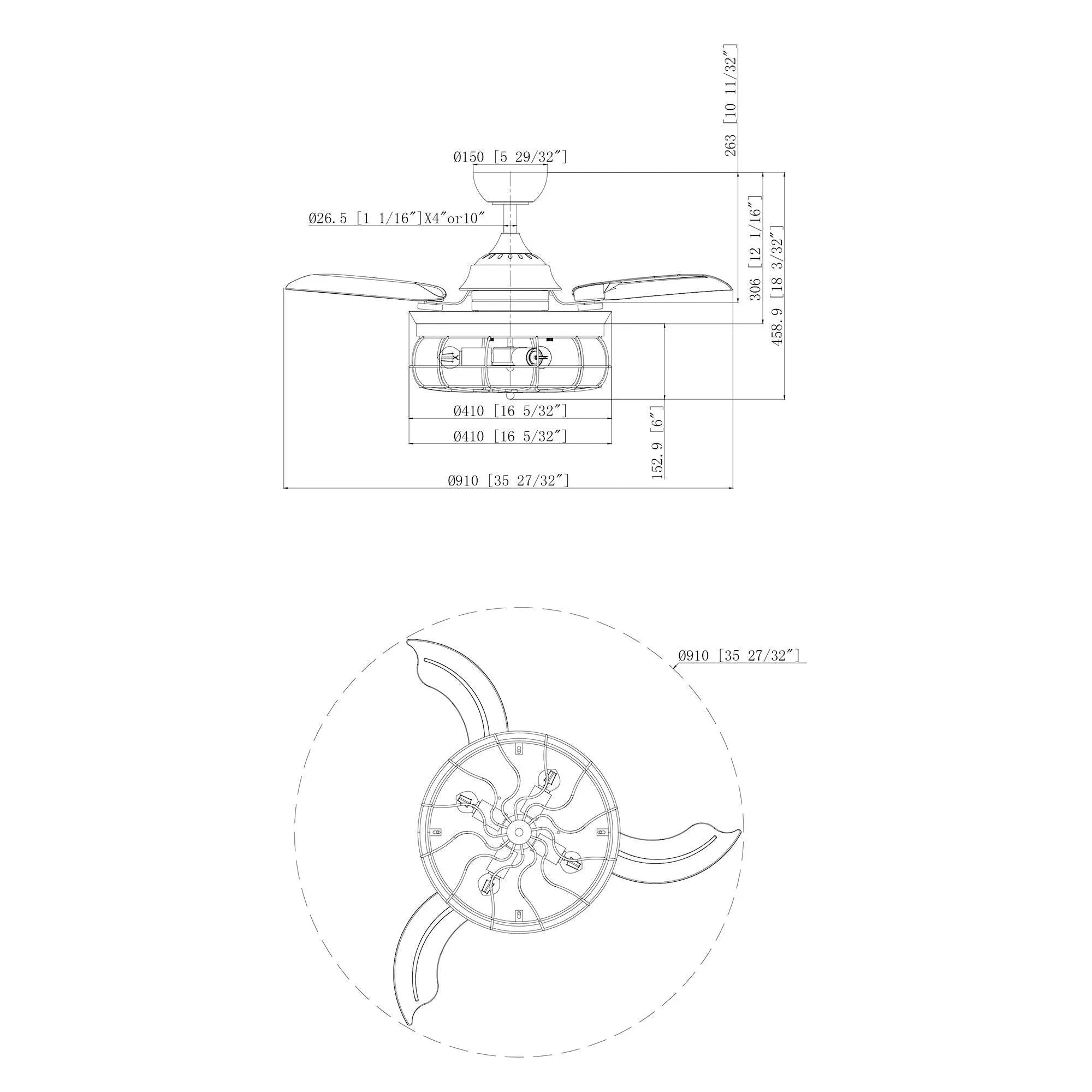Black ceiling fan technical line drawing with dimensions and blade profile