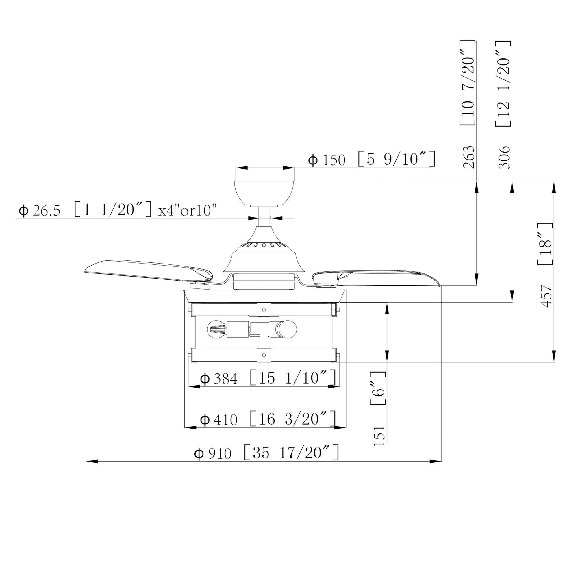 Ceiling fan dimension diagram with downrod height and blade span measurements.