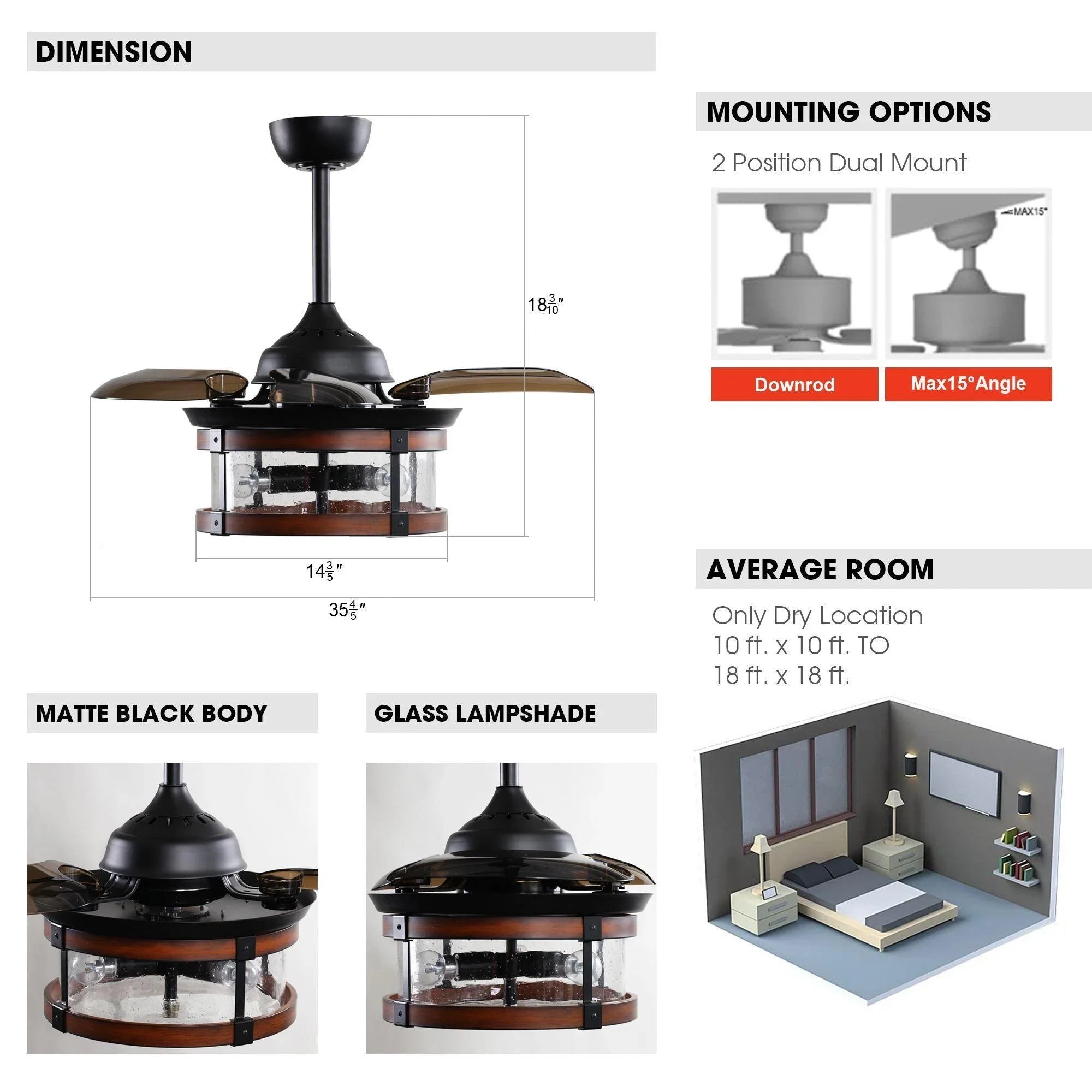 Ceiling fan size and mounting diagram: matte black body, glass lamp shade.