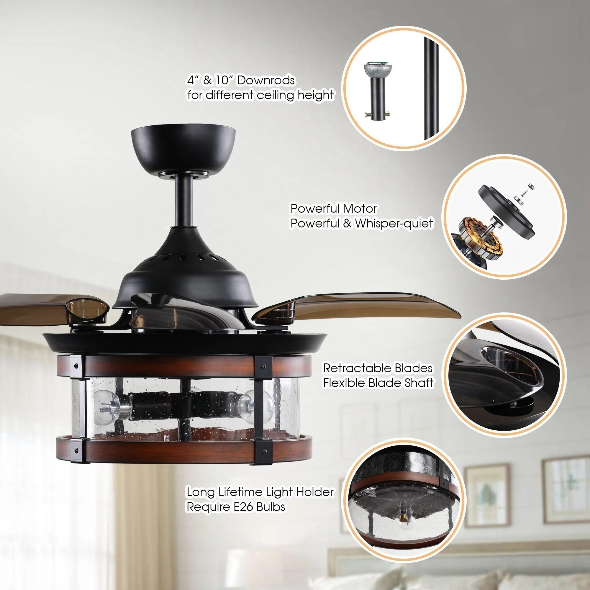 Ceiling fan with retractable blades, long-life light holder, black and wood.