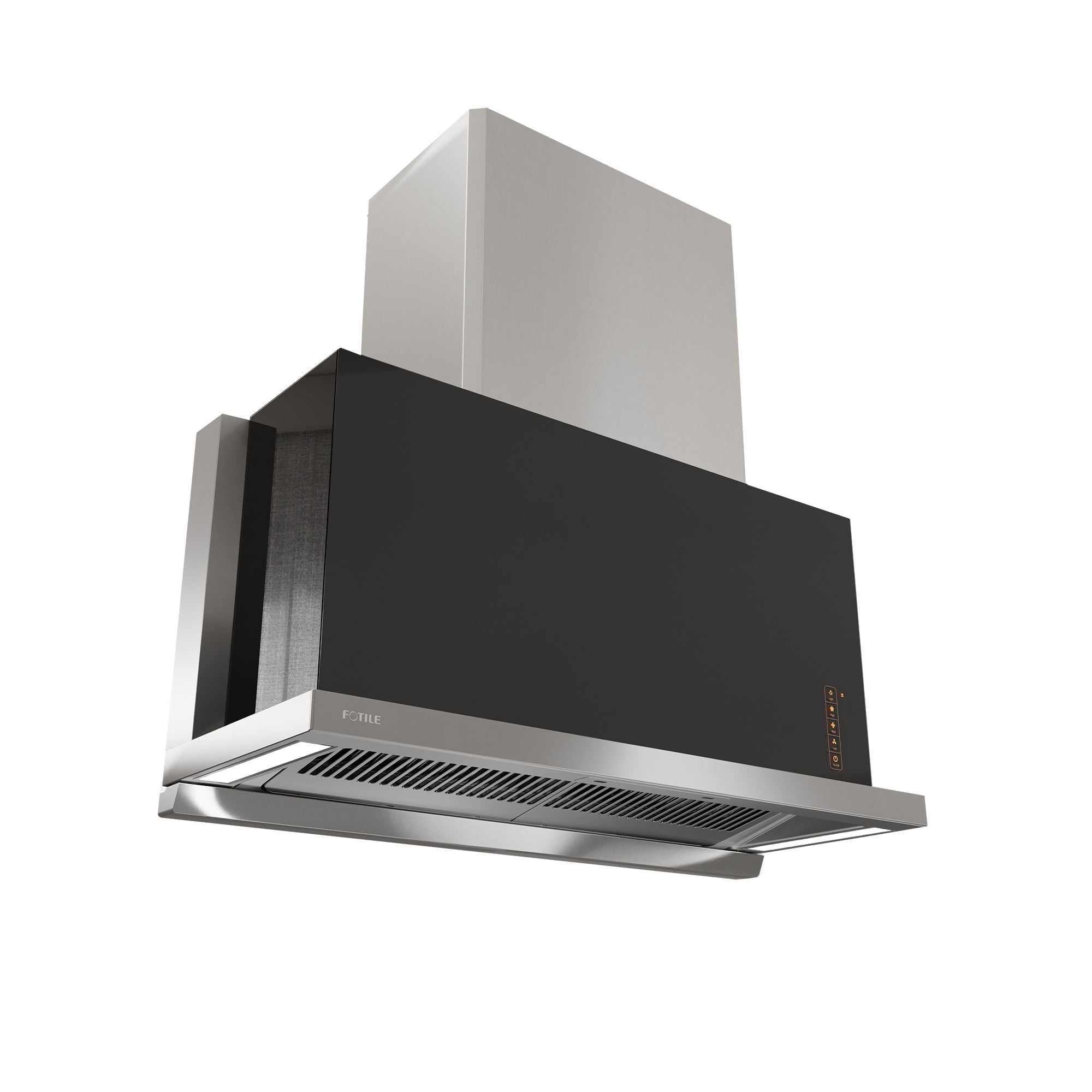 Black under-cabinet insert range hood with front vent grille and side controls