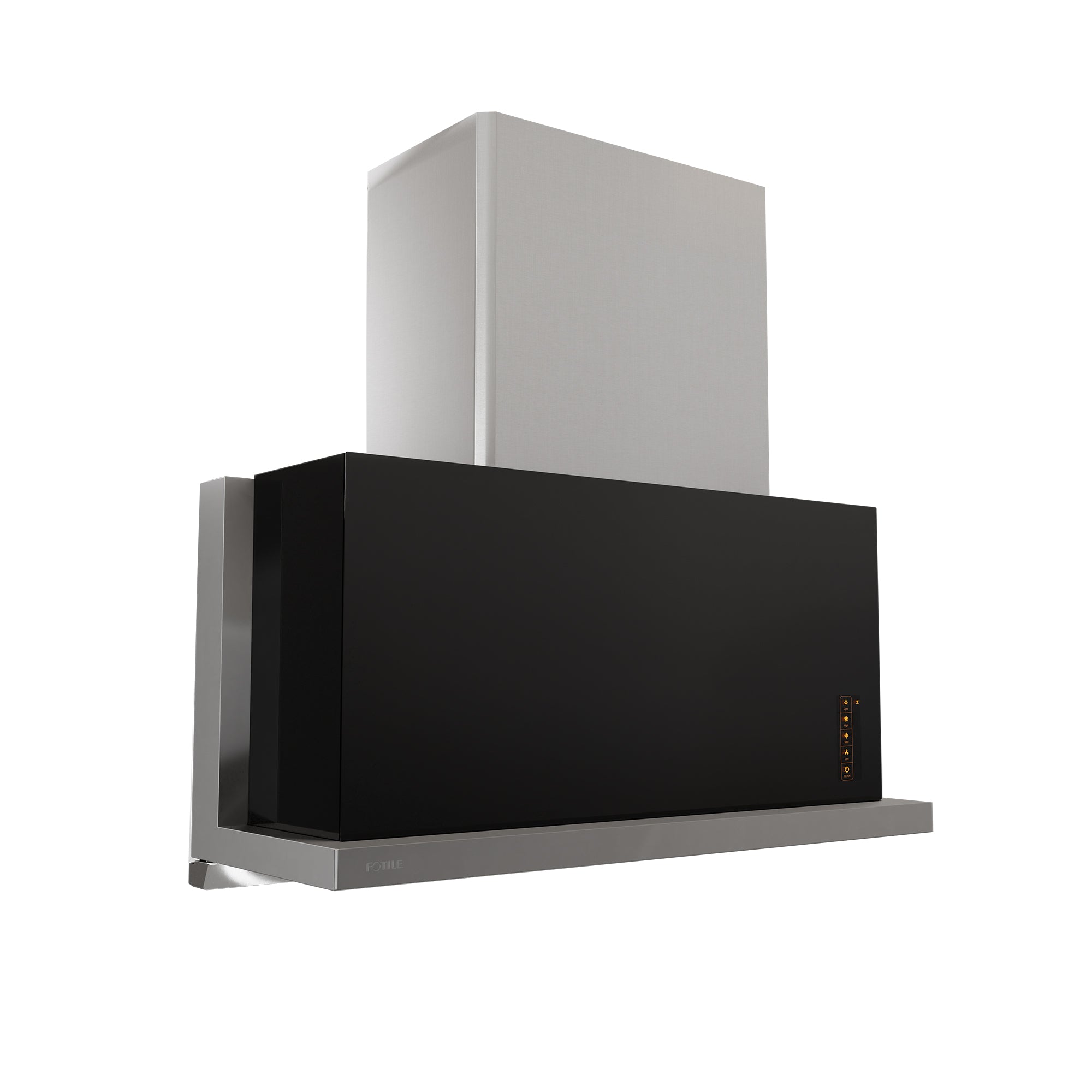 Black under-cabinet insert range hood with front control panel and silver trim