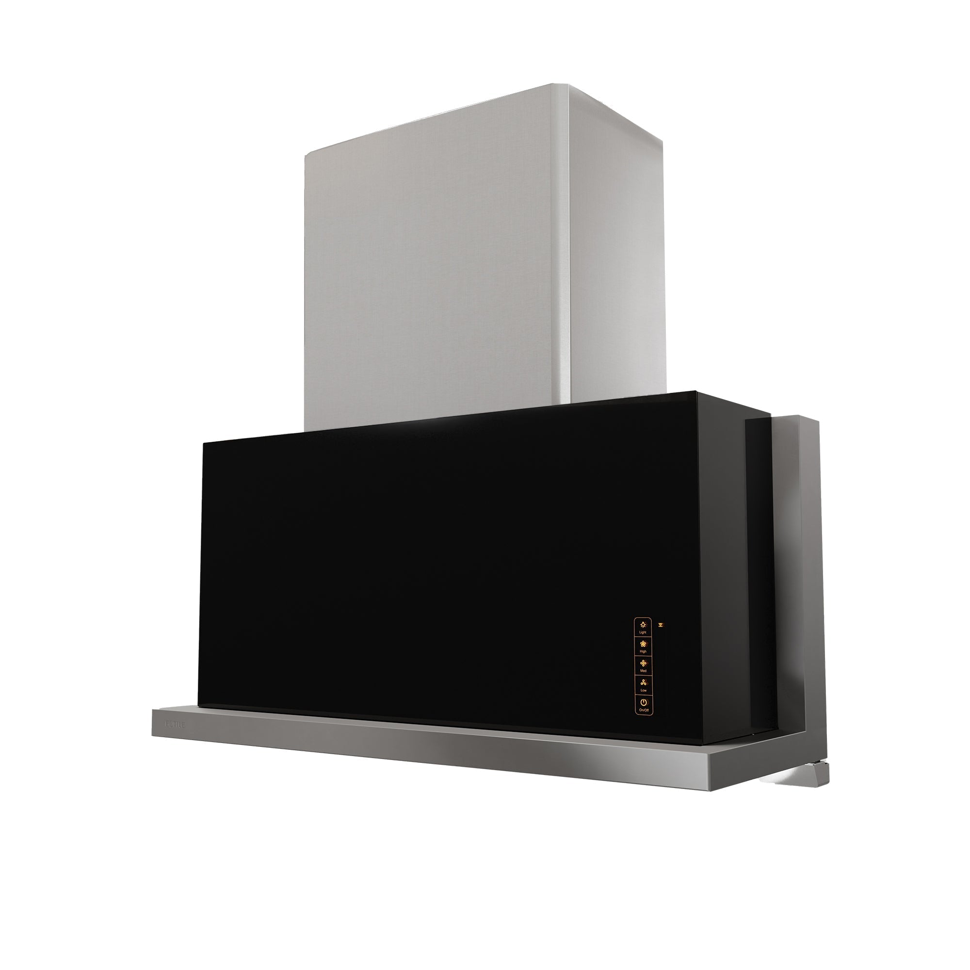 Black under-cabinet insert range hood with side controls and curved chimney