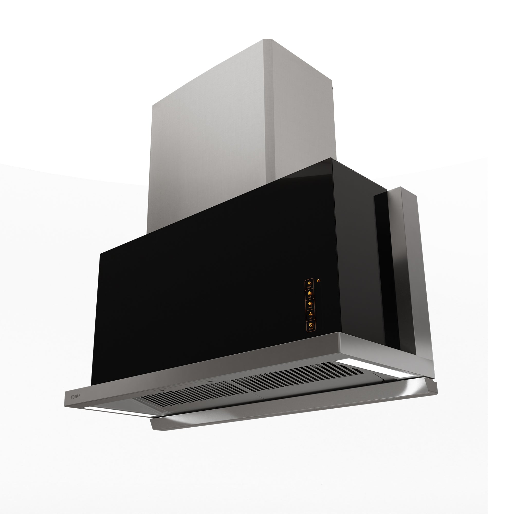 Under-cabinet insert range hood with black canopy and front control buttons