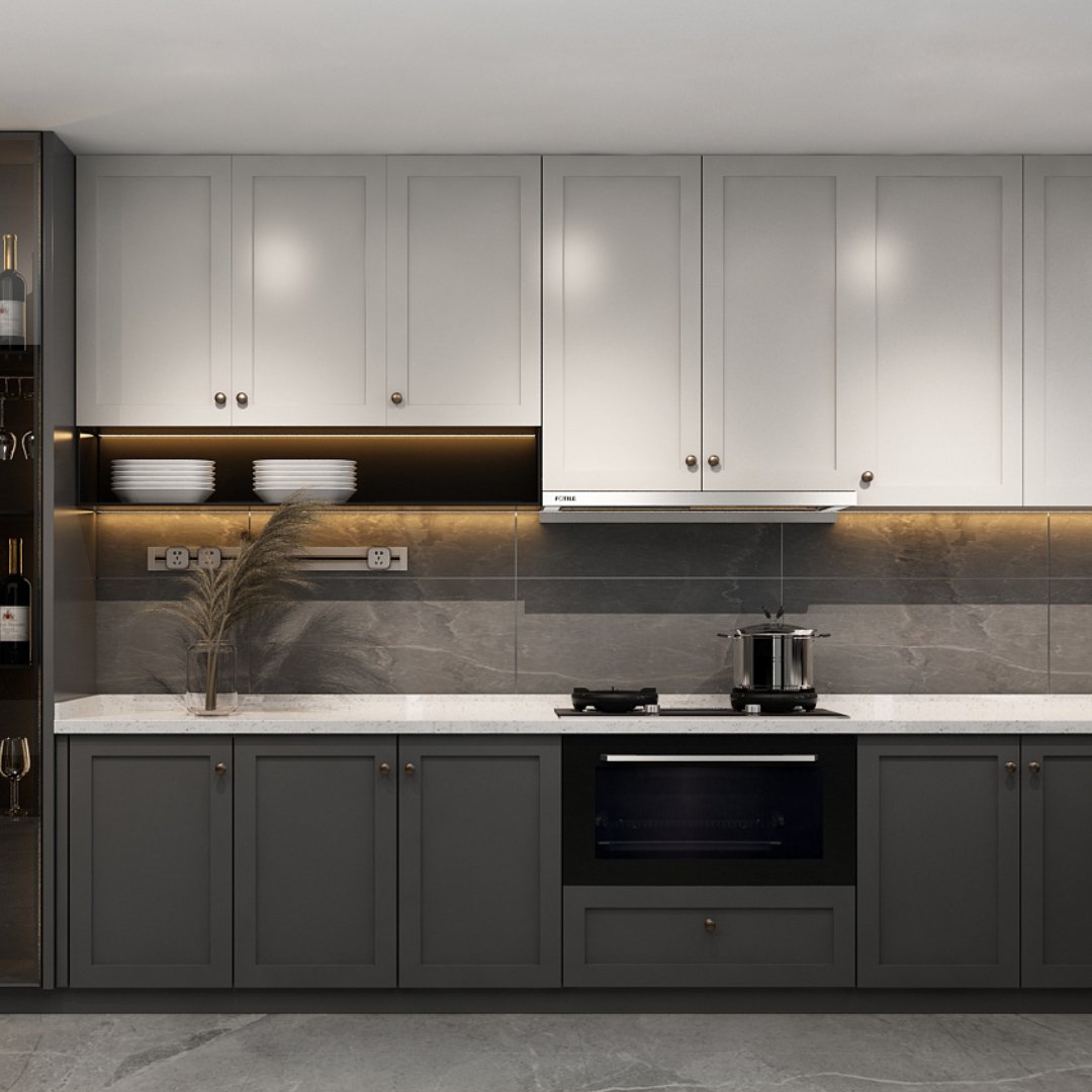 Black under-cabinet insert range hood mounted under white kitchen cabinets