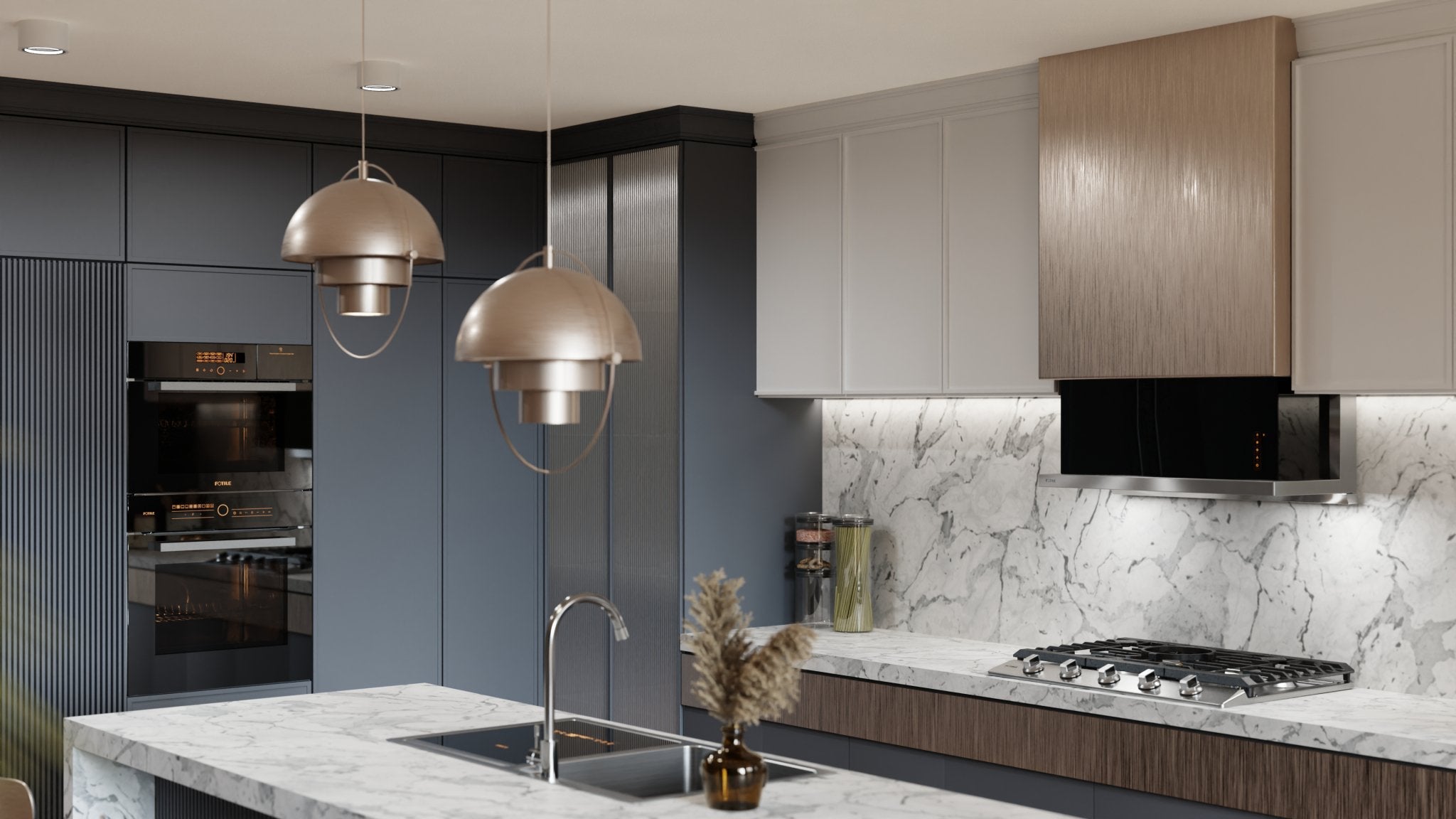 Black under-cabinet insert range hood in a modern kitchen, mounted under cabinets