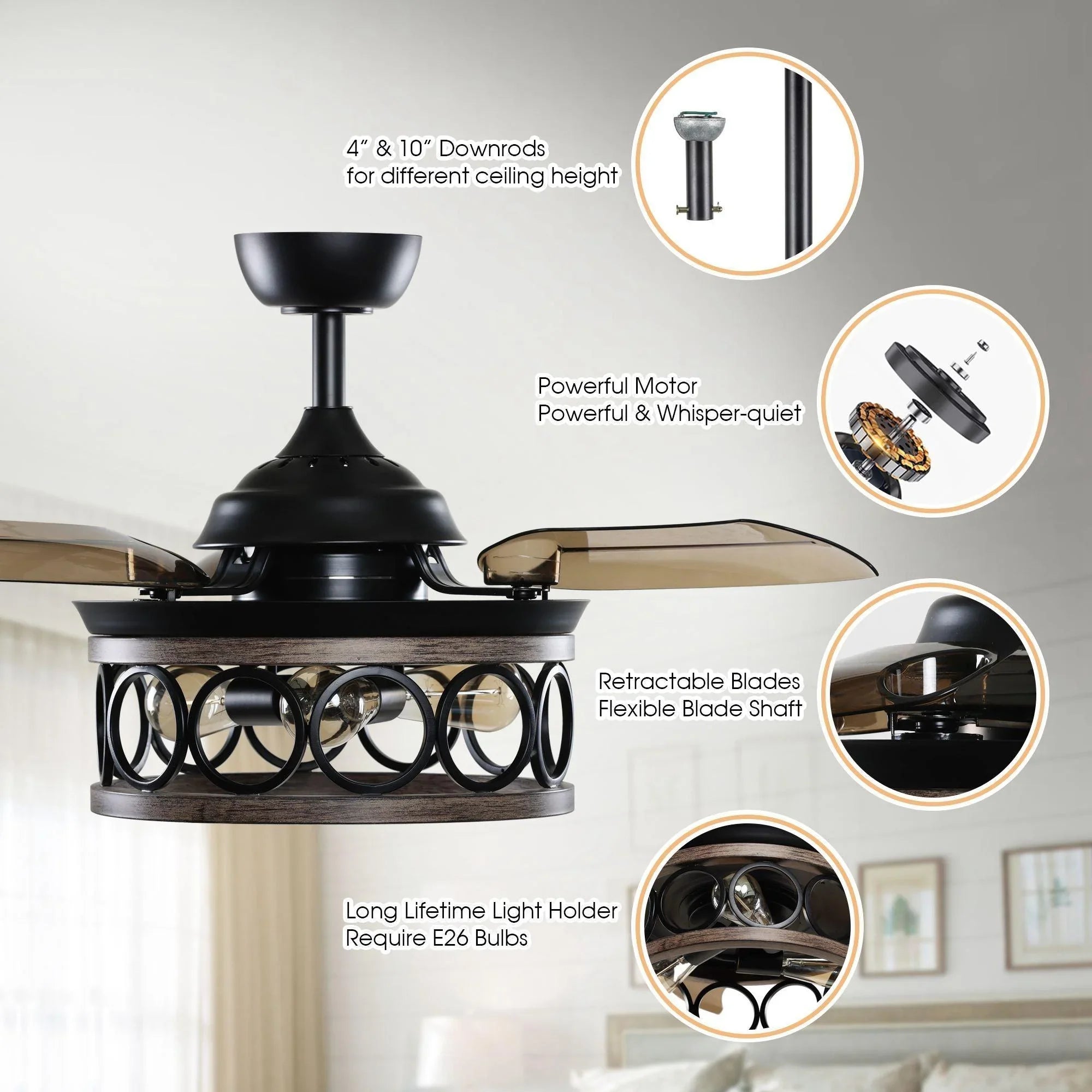 Black ceiling fan with caged light, retractable blades, and textured blade-shaft details