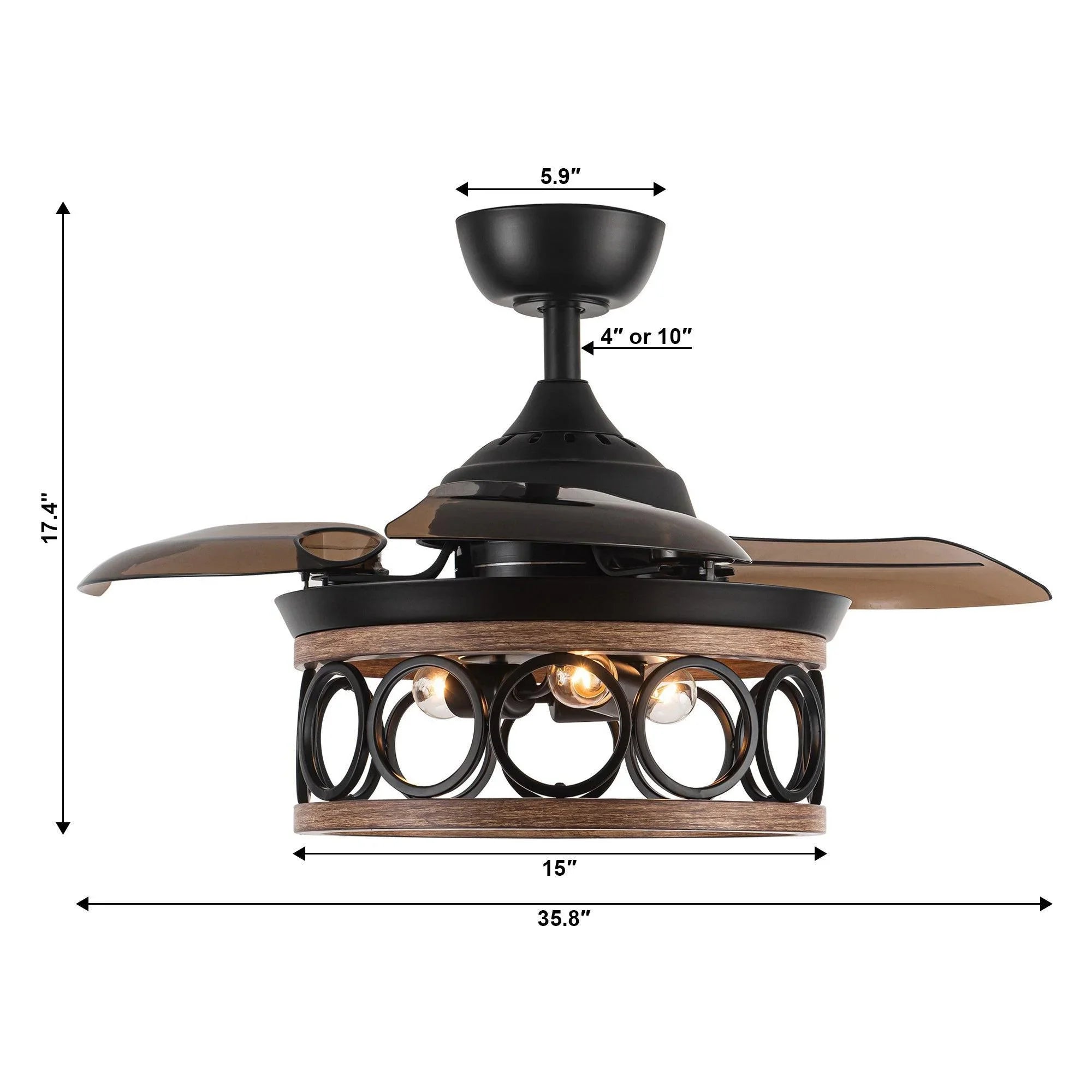 Ceiling fan size diagram in black with wood-tone blades and lit light kit