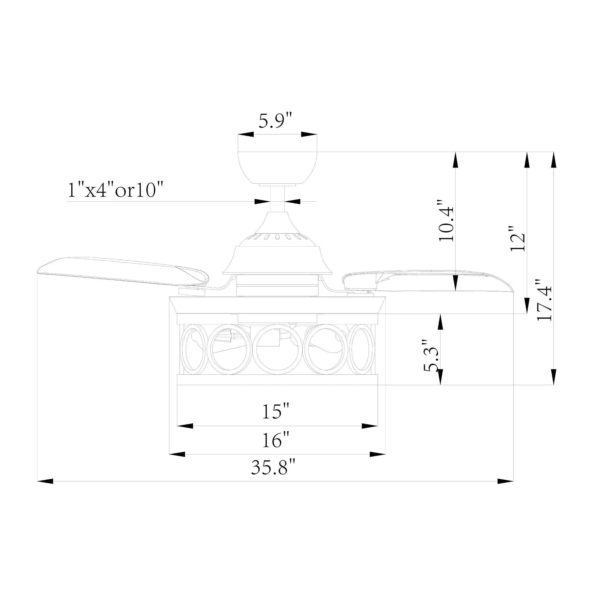 Ceiling fan dimensions diagram with labeled height and width measurements