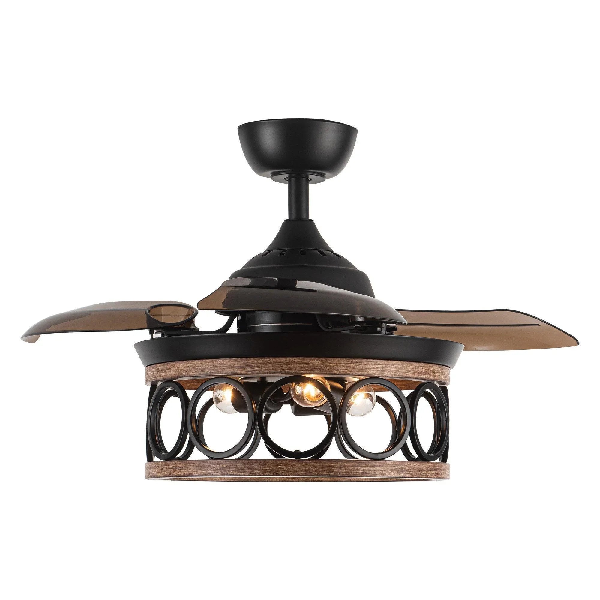 Black ceiling fan with caged light panel and wood-toned blades, front view